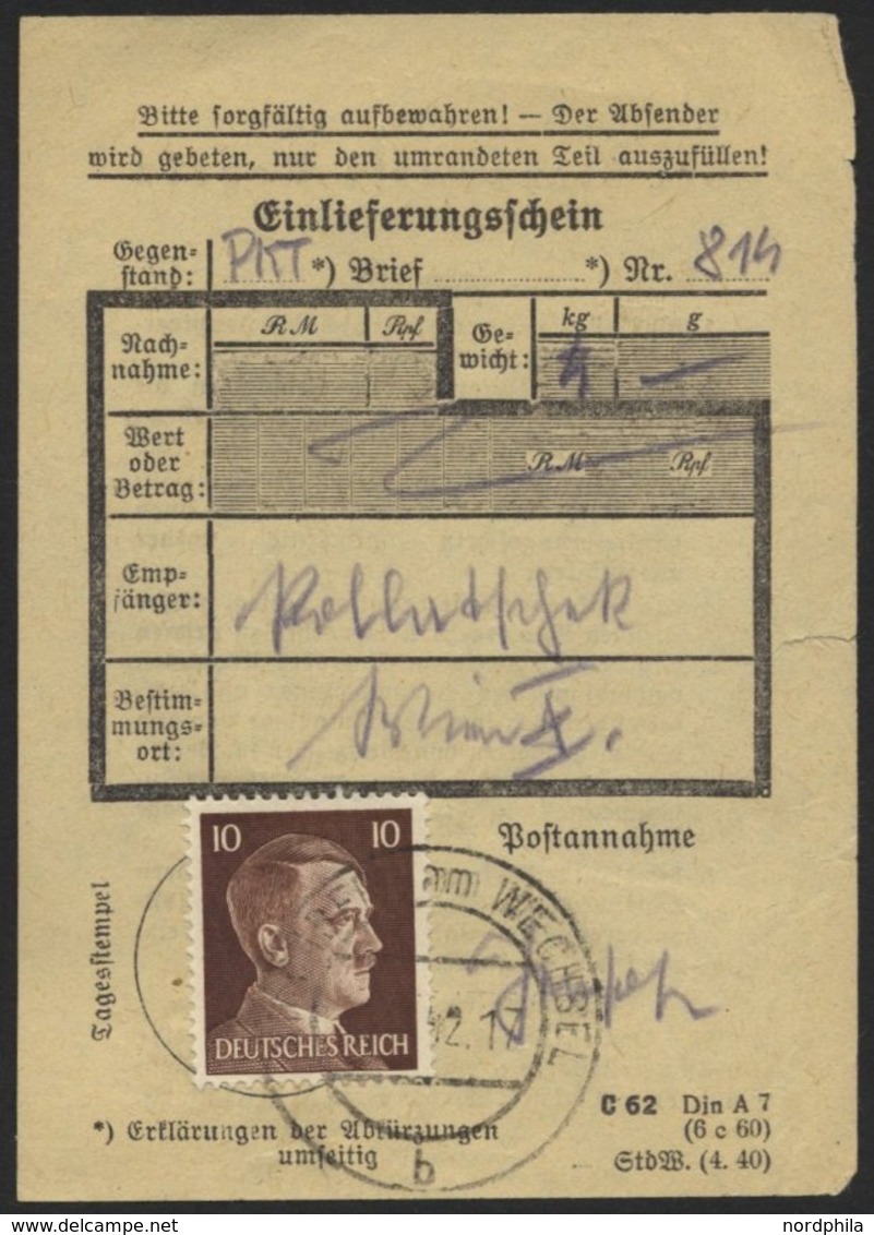 Dt. Reich 787 BRIEF, 1942, 10 Pf. Hitler, Einzelfrankatur Auf Einlieferungsschein, Pracht, R! - Autres & Non Classés