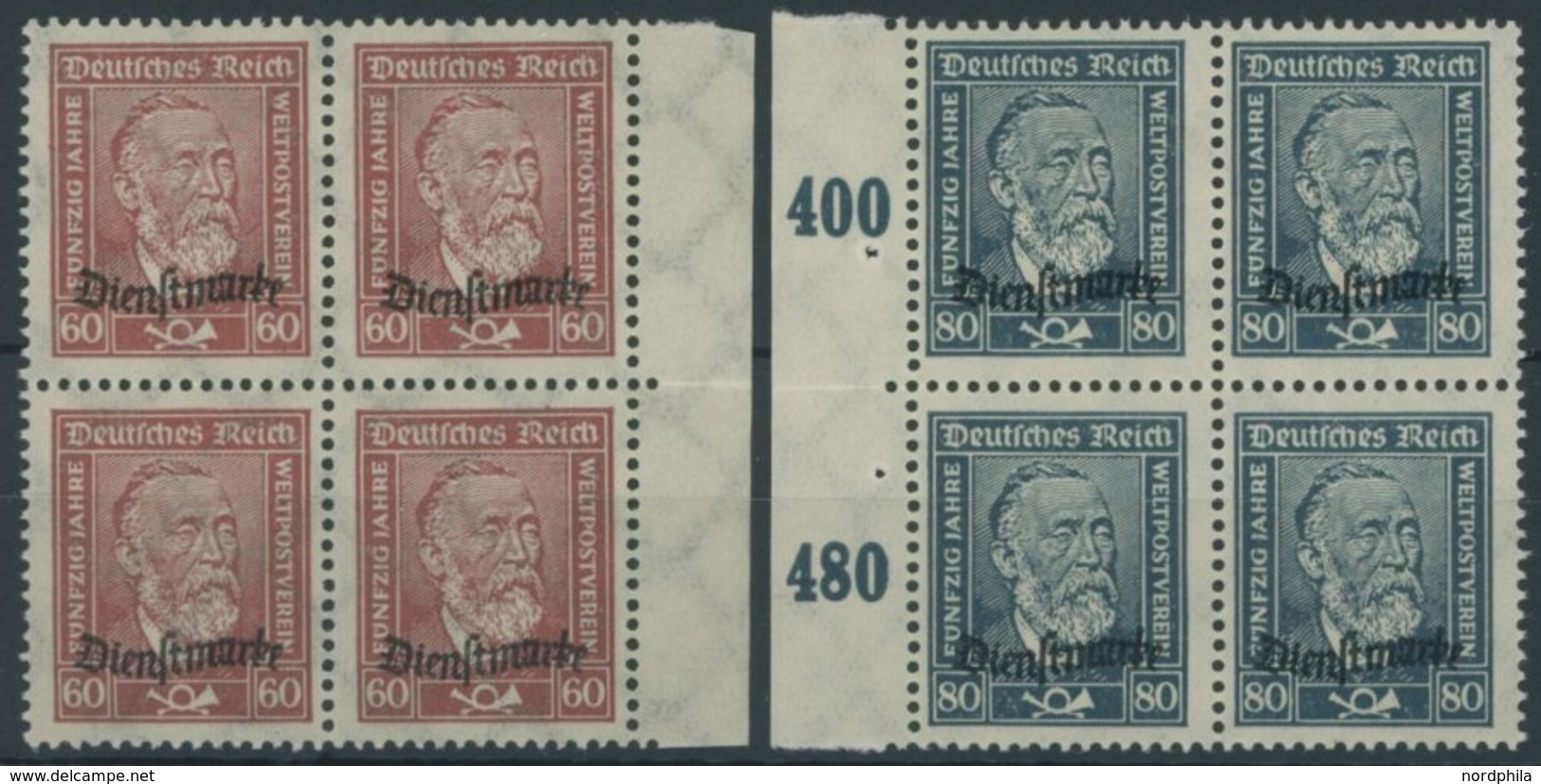 DIENSTMARKEN D 112/3 VB **, 1924, 60 Pf. Lebhaftbraunrot Und 80 Pf. Schwarzgrünblau In Randviererblocks, Postfrisch, Pra - Service
