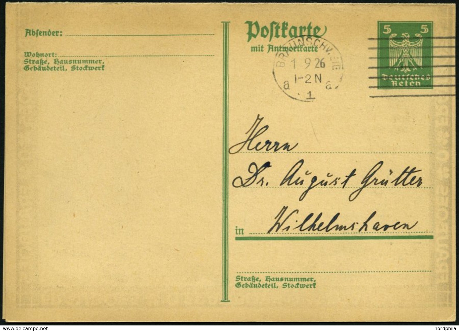 GANZSACHEN P 167I BRIEF, 1926, 5/5 Pf. Grün, Ungezähnt, Mit Zudruck Frauboes Klassen-Lotterie, Stempel BRAUNSCHWEIG, Pra - Autres & Non Classés