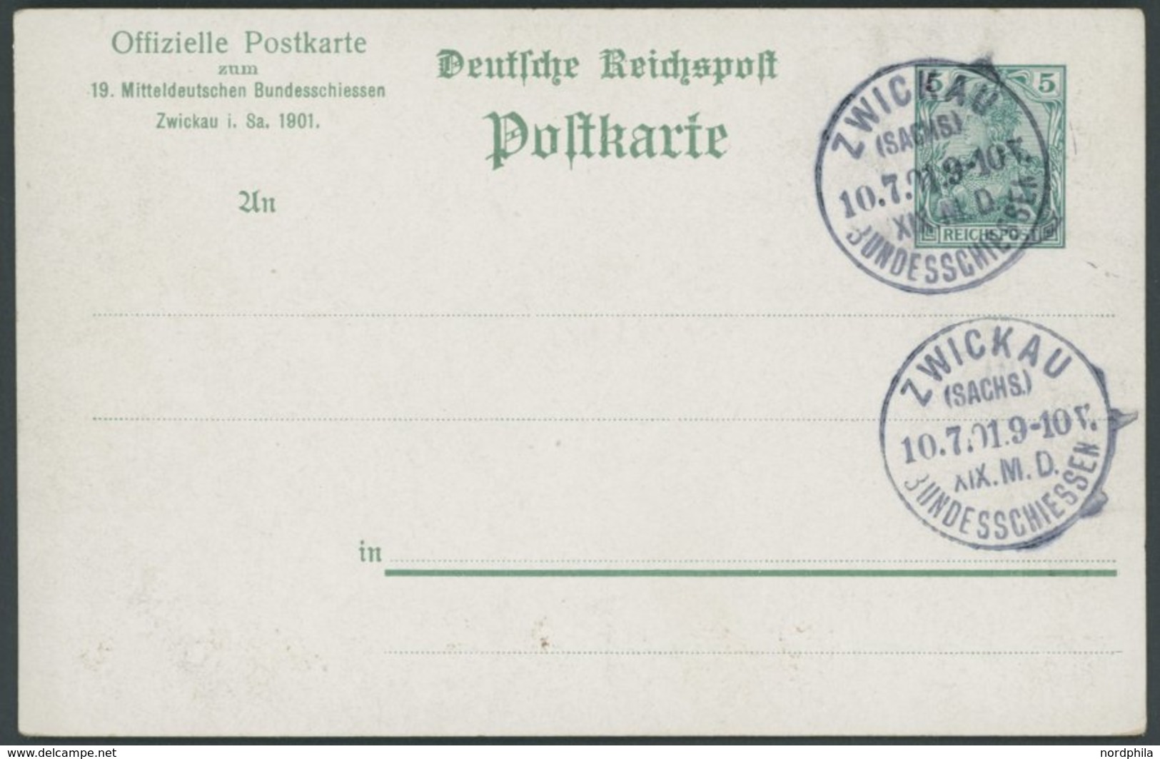 GANZSACHEN PP 15C19 BRIEF, Privatpost: 1901, 5 Pf. Germania 19. Mitteldeutsches Bundesschießen, Ungebraucht Mit 2 Sonder - Altri & Non Classificati