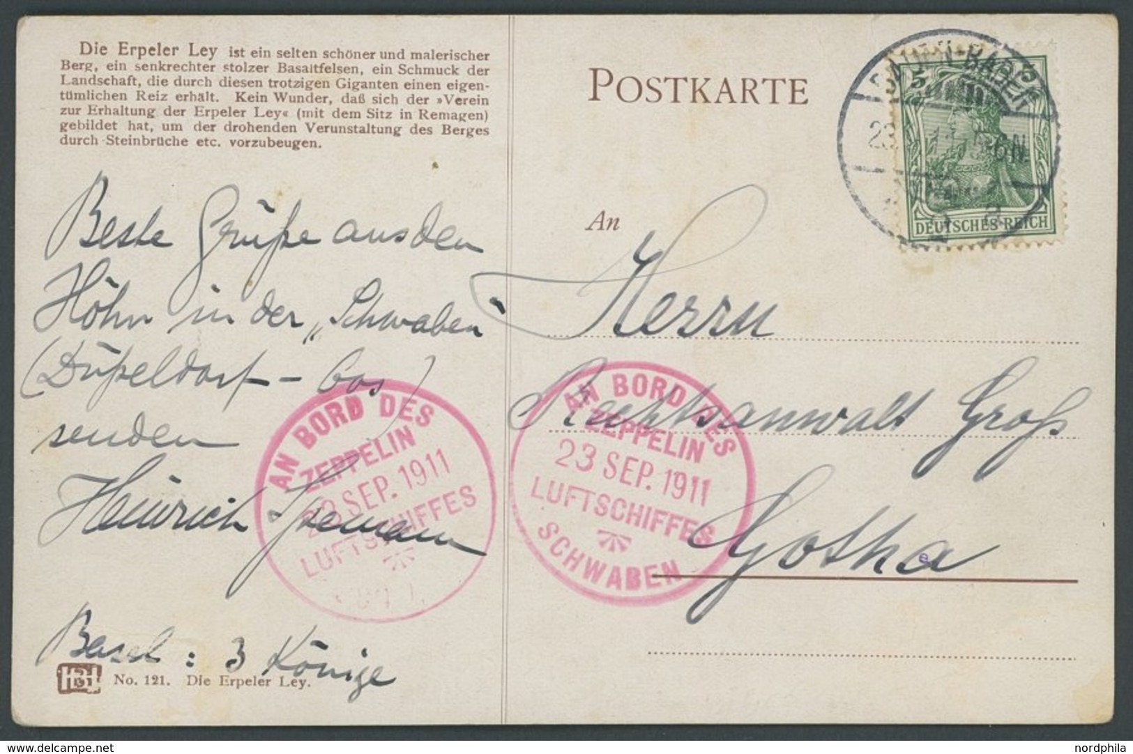 ZEPPELINPOST 2I BRIEF, 1911, Luftschiff Schwaben, Fahrt Düsseldorf-Oos, Violetter Bordstempel Type I, Abwurf BADEN-BADEN - Poste Aérienne & Zeppelin