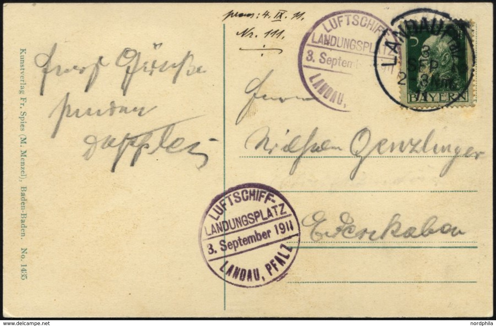 ZEPPELINPOST 2II BRIEF, 1911, Luftschiff Schwaben, Fahrt Von Der Landau-Landungsfahrt Mit Privatem Landungsplatz-Stempel - Poste Aérienne & Zeppelin