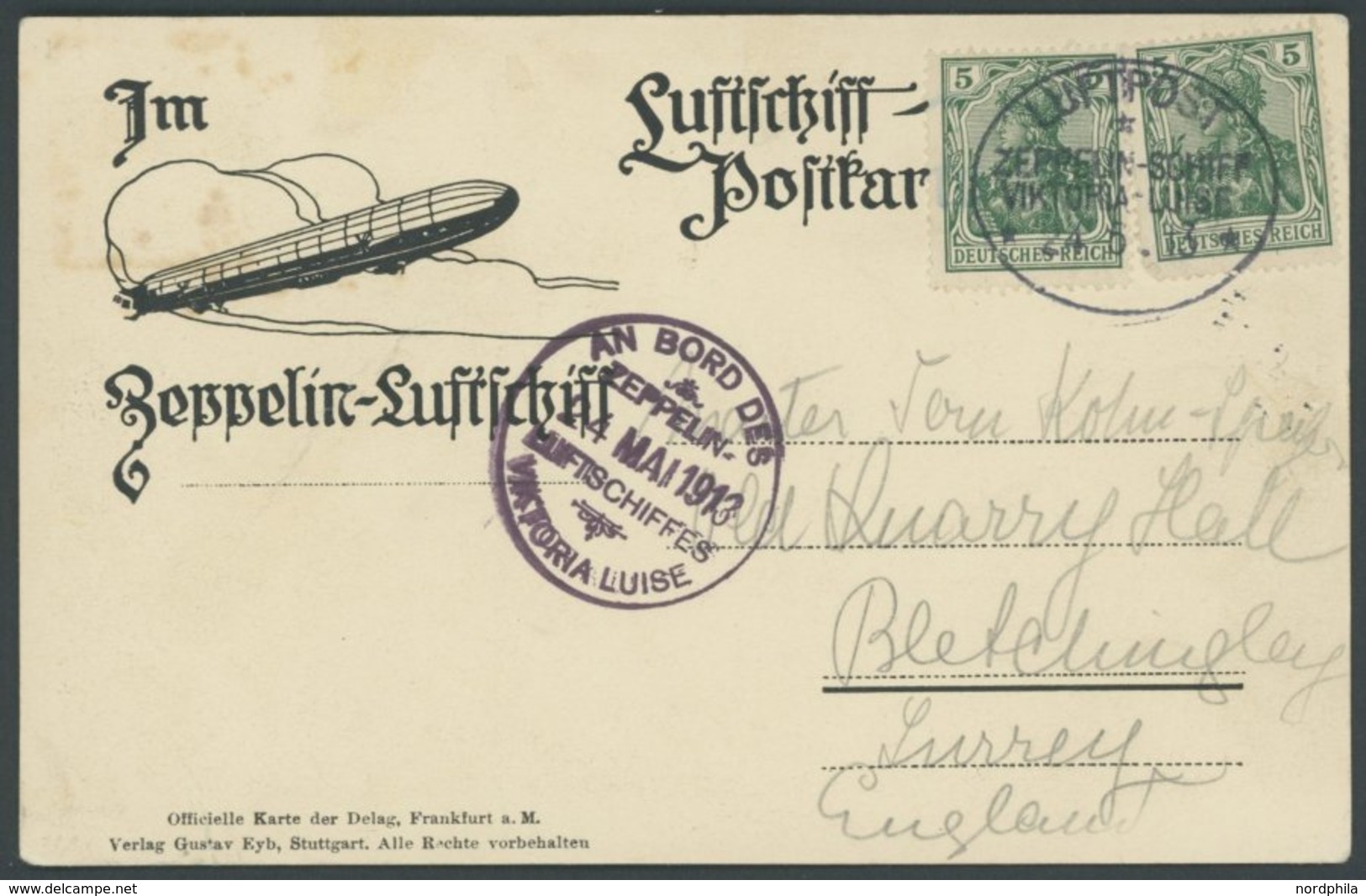 ZEPPELINPOST 4a BRIEF, 1913 Luftschiff Victoria-Luise, Bordpoststempel Und Bordstempel Vom 24.5.1913 Nach England, Prach - Poste Aérienne & Zeppelin