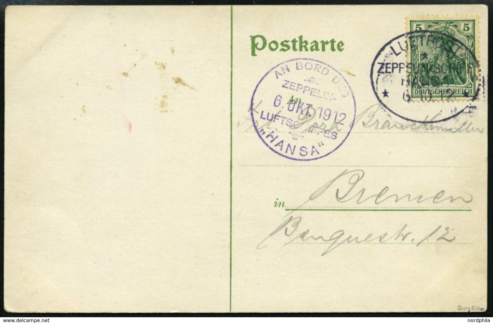 ZEPPELINPOST 6Ia BRIEF, 1912, Luftschiff Hansa, Bordpoststempel Und Bordstempel Vom 6.10.12 Von Der Fahrt Von Hamburg Na - Airmail & Zeppelin