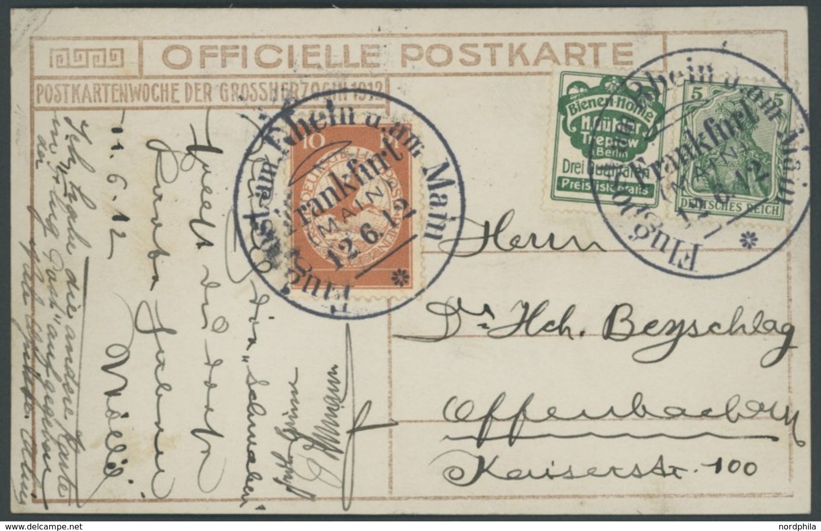 ZEPPELINPOST 10 BRIEF, 1912, 10 Pf. Flp. Am Rhein Und Main Auf Flugpostkarte Mit Zusammendruck Bienen-Honig + 5 Pf., Son - Airmail & Zeppelin