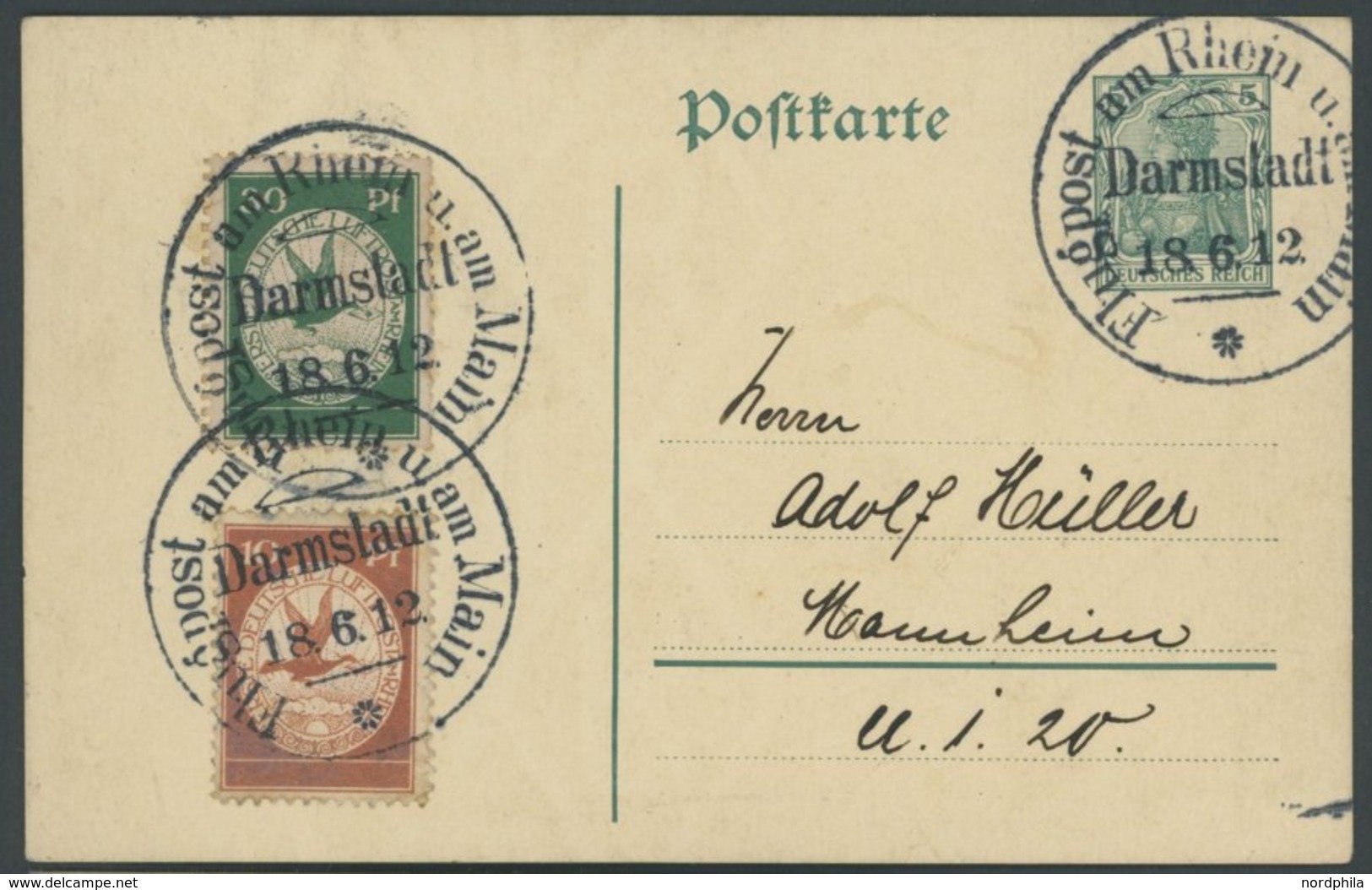 ZEPPELINPOST 10,12 BRIEF, 1912, 10 Und 30 Pf. Flp. Am Rhein Und Main Auf 5 Pf. Ganzsachenkarte Mit Sonderstempel Darmsta - Airmail & Zeppelin