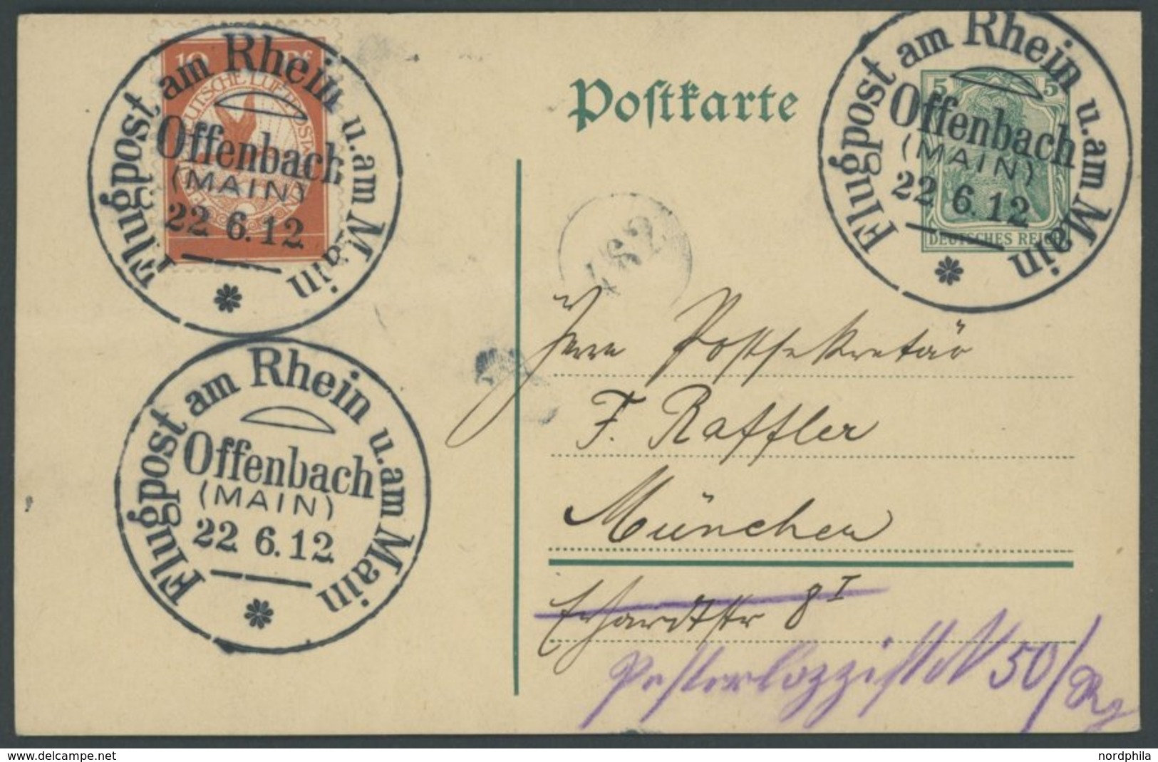 ZEPPELINPOST 10 BRIEF, 1912, 10 Pf. Statt 30 Pf. Flp. Am Rhein Und Main Auf 5 Pf. Ganzsachenkarte, Unbeanstandet Beförde - Luft- Und Zeppelinpost