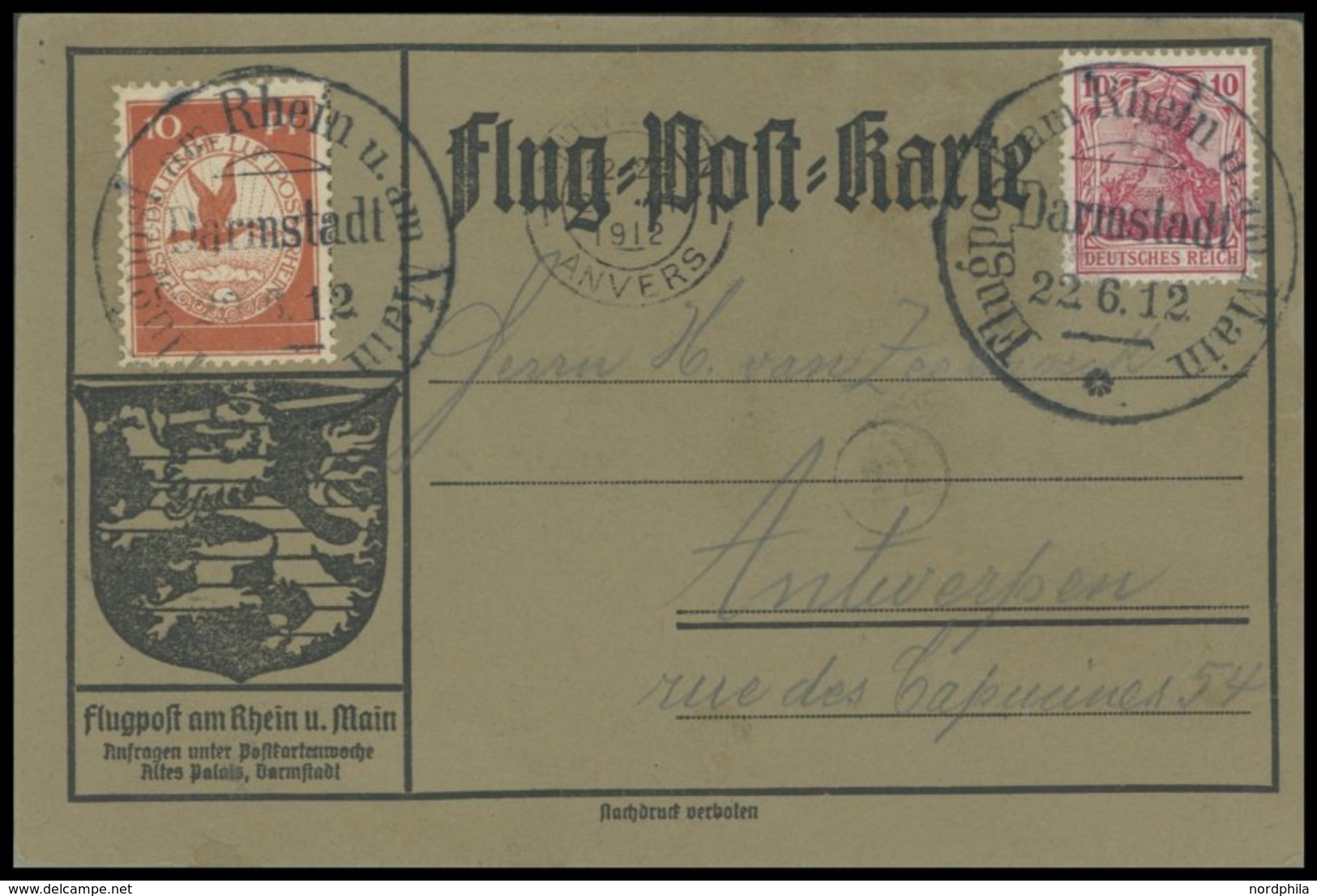 ZEPPELINPOST 10 BRIEF, 1912, 10 Pf. Flp. Am Rhein Und Main Auf Flugpostkarte Mit 10 Pf. Zusatzfrankatur, Sonderstempel D - Poste Aérienne & Zeppelin