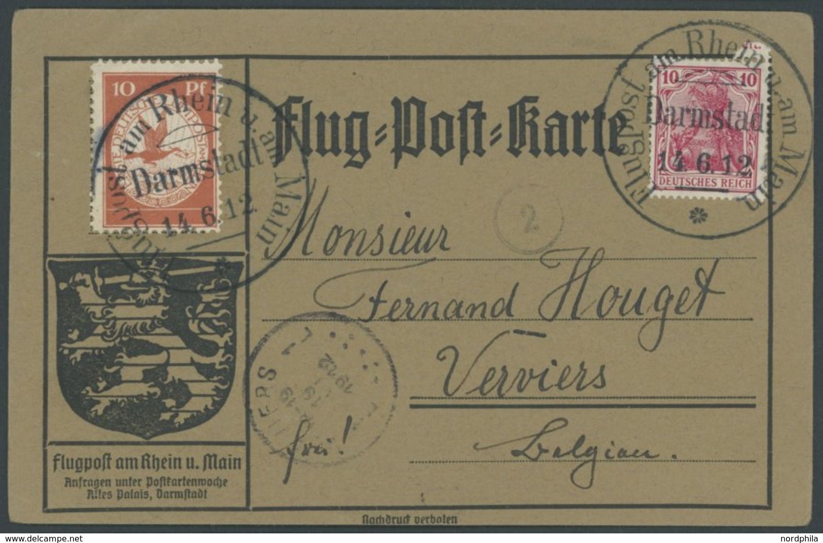 ZEPPELINPOST 10 BRIEF, 1912, 10 Pf. Flp. Am Rhein Und Main Auf Flugpostkarte Mit 10 Pf. Zusatzfrankatur, Sonderstempel D - Airmail & Zeppelin