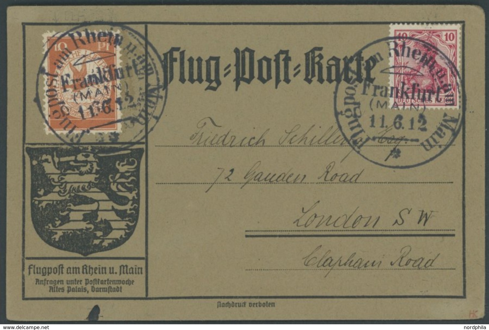 ZEPPELINPOST 10 BRIEF, 1912, 10 Pf. Flp. Am Rhein Und Main Mit Plattenfehler Weißer Strich Unten Links An Der 10 Auf Flu - Airmail & Zeppelin