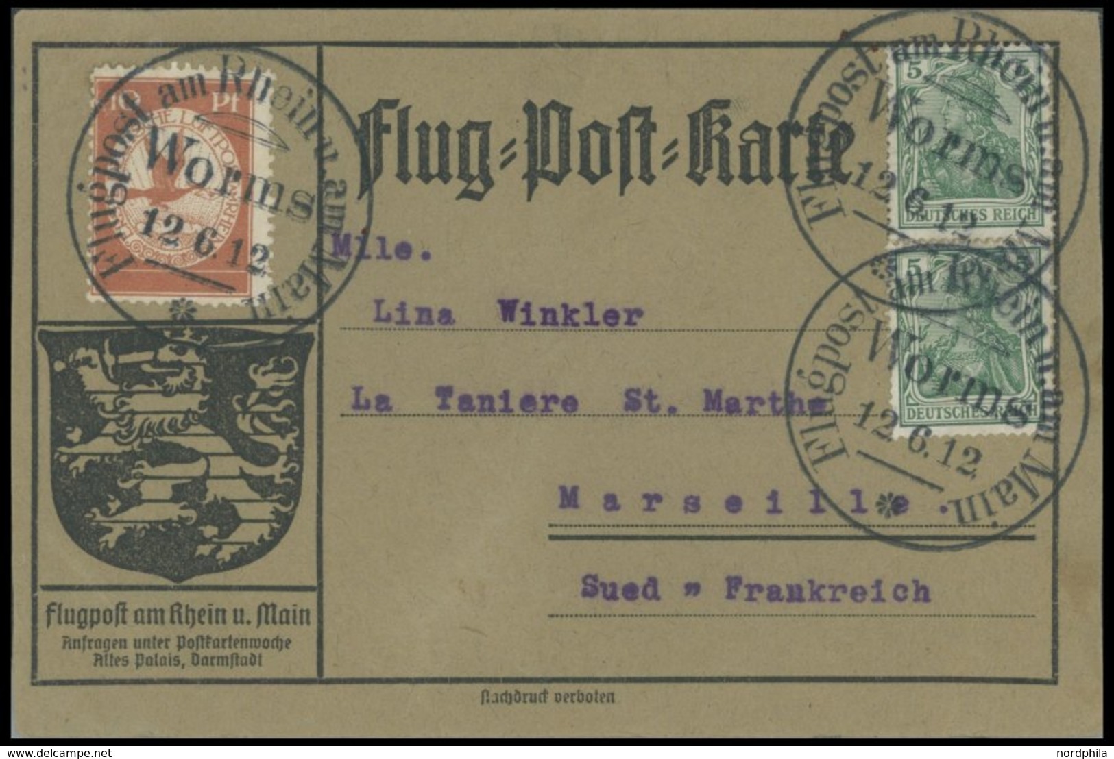 ZEPPELINPOST 10 BRIEF, 1912, 10 Pf. Flp. Am Rhein Und Main Auf Flugpostkarte Mit 2x 5 Pf. Zusatzfrankatur, Sonderstempel - Luft- Und Zeppelinpost