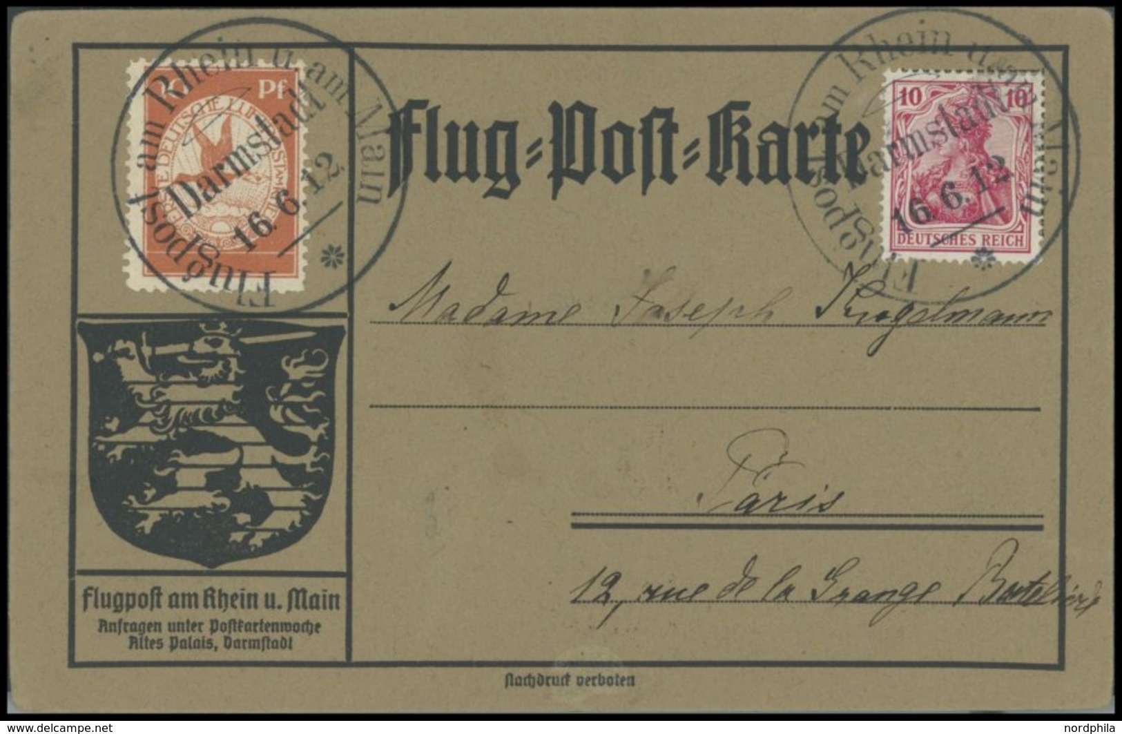 ZEPPELINPOST 10 BRIEF, 1912, 10 Pf. Flp. Am Rhein Und Main Auf Flugpostkarte Mit 10 Pf. Zusatzfrankatur, Sonderstempel D - Airmail & Zeppelin