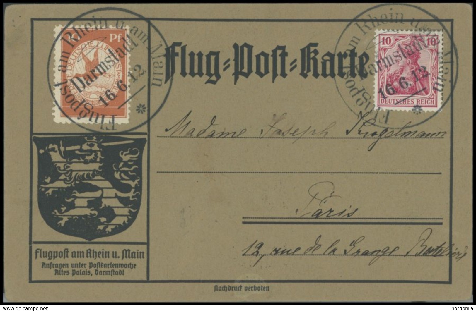 ZEPPELINPOST 10 BRIEF, 1912, 10 Pf. Flp. Am Rhein Und Main Auf Flugpostkarte Mit 10 Pf. Zusatzfrankatur, Sonderstempel D - Luft- Und Zeppelinpost