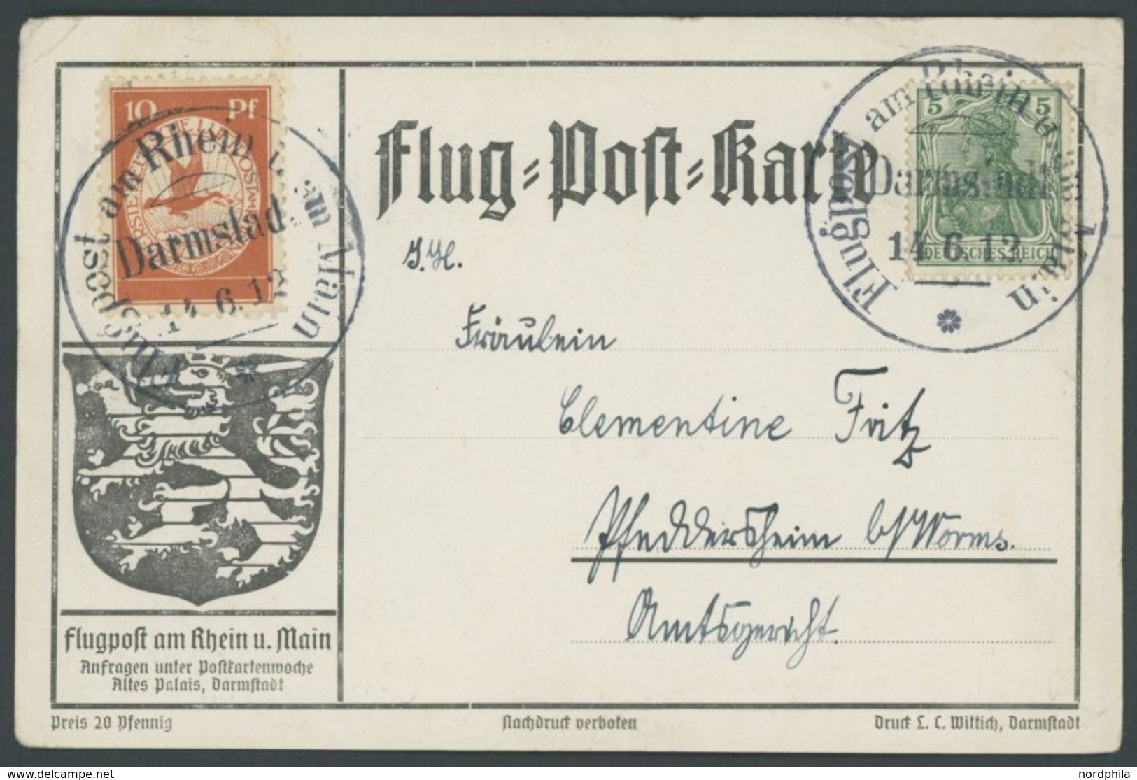 ZEPPELINPOST 10 BRIEF, 1912, 10 Pf. Flp. Am Rhein Und Main Auf Stempelverbotskarte, Mi.Nr. I Nachentwertet Mit Stempel I - Poste Aérienne & Zeppelin