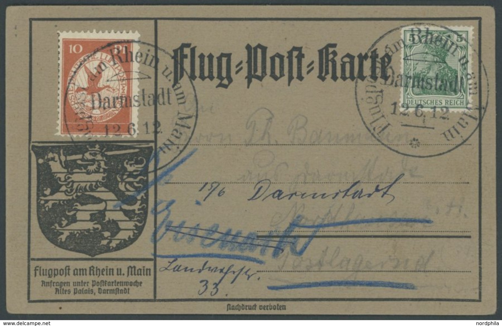 ZEPPELINPOST 10 BRIEF, 1912, 10 Pf. Flp. Am Rhein Und Main Auf Flugpostkarte Mit 5 Pf. Zusatzfrankatur, Sonderstempel Da - Luft- Und Zeppelinpost