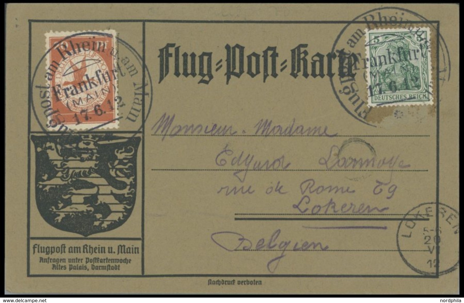 ZEPPELINPOST 11 BRIEF, 1912, 20 Pf. Flp. Am Rhein Und Main Auf Flugpostkarte Mit Nur 5 Pf. Zusatzfrankatur Nach Belgien, - Airmail & Zeppelin