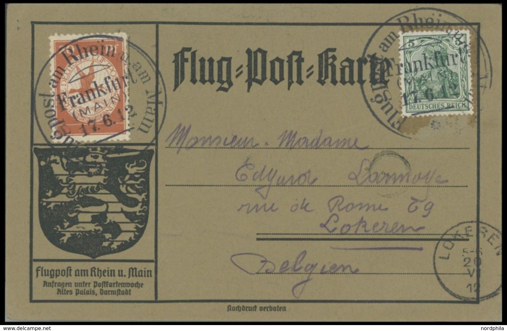 ZEPPELINPOST 11 BRIEF, 1912, 20 Pf. Flp. Am Rhein Und Main Auf Flugpostkarte Mit Nur 5 Pf. Zusatzfrankatur Nach Belgien, - Luft- Und Zeppelinpost