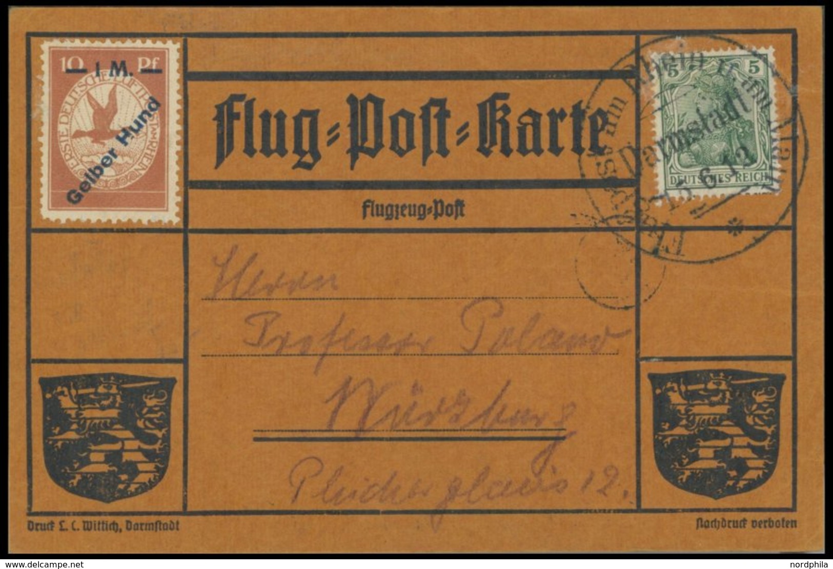 ZEPPELINPOST 13 BRIEF, 1912, 1 M. Gelber Hund Mit Druckzufälligkeiten Auf Flugpostkarte Mit 5 Pf. Zusatzfrankatur, Diese - Luft- Und Zeppelinpost