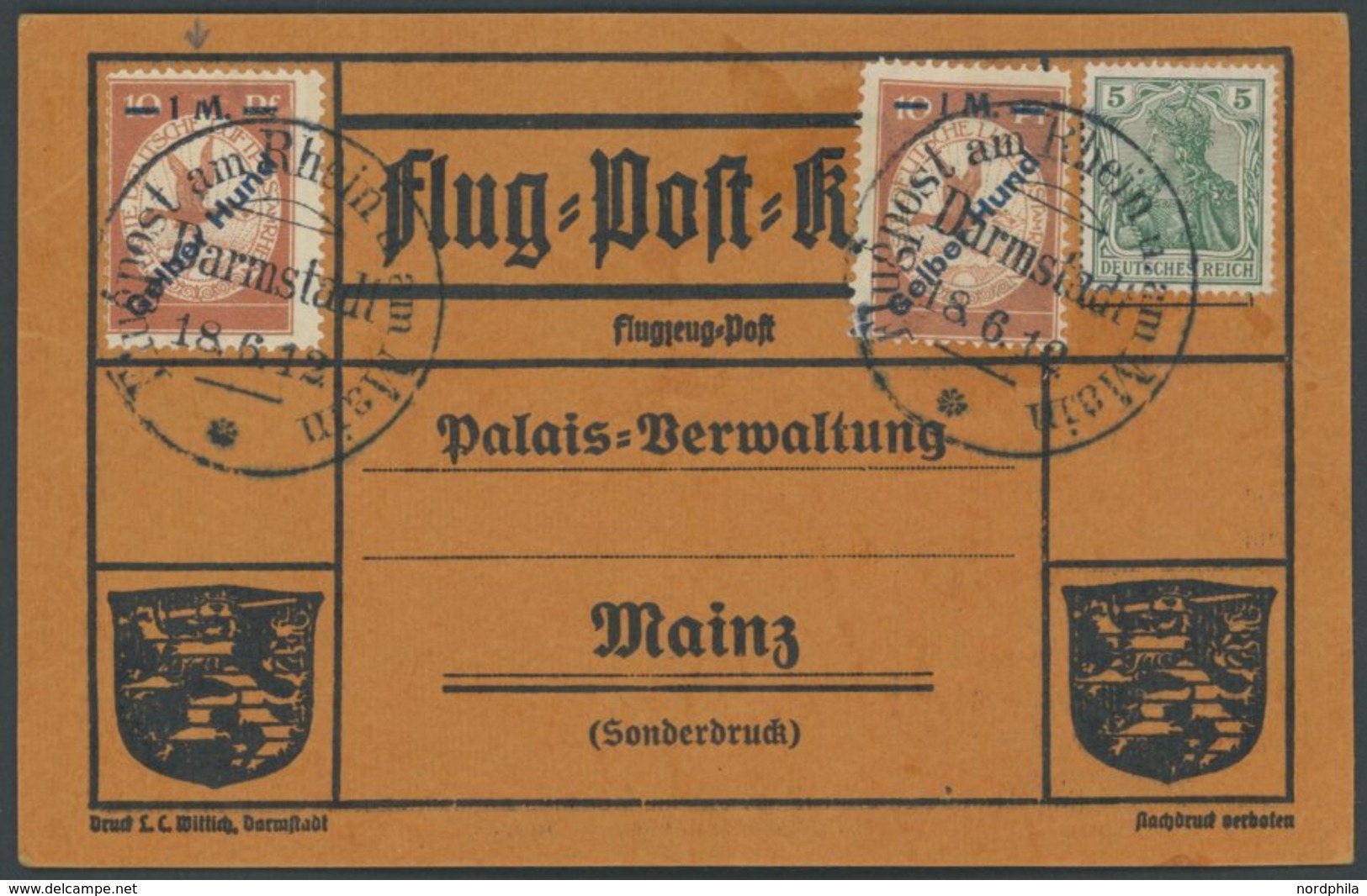 ZEPPELINPOST 13 BRIEF, 1912, 1 M. Gelber Hund 2x Auf Flugpostkarte Mit 5 Pf. Zusatzfrankatur, Sonderstempel Darmstadt 18 - Luft- Und Zeppelinpost