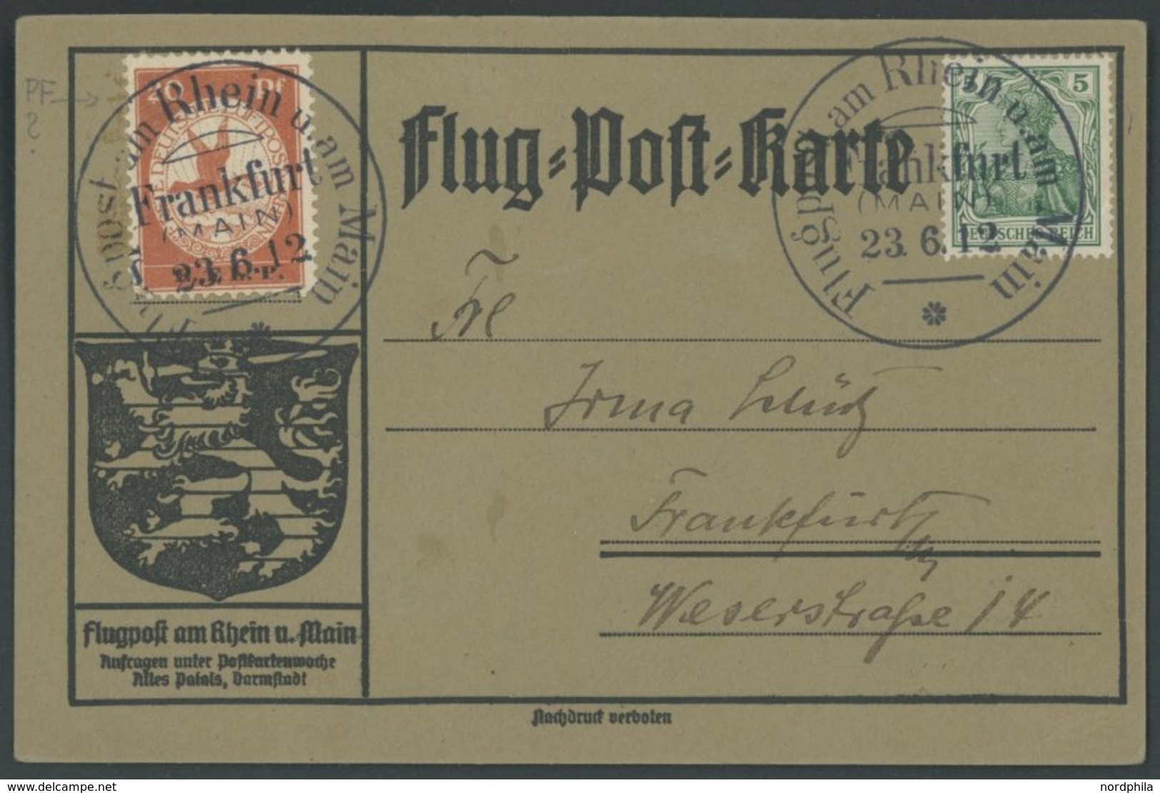 ZEPPELINPOST 15 BRIEF, 1912, 20 Pf. E.EL.P. Mit Druckzufälligkeit 2 Von 20 Unten Mit Punkt Auf Flugpostkarte Mit 5 Pf. Z - Airmail & Zeppelin