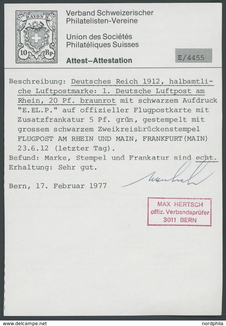 ZEPPELINPOST 15 BRIEF, 1912, 20 Pf. E.EL.P. Mit Druckzufälligkeit 2 Von 20 Unten Mit Punkt Auf Flugpostkarte Mit 5 Pf. Z - Poste Aérienne & Zeppelin