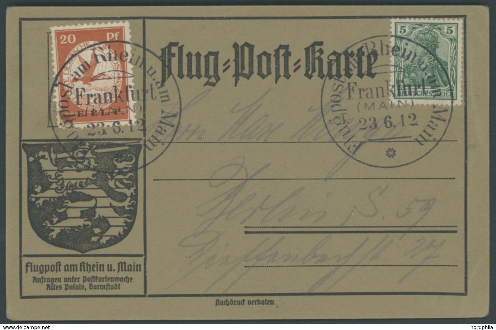 ZEPPELINPOST 15 BRIEF, 1912, 20 Pf. E.EL.P. Auf Flugpostkarte Mit 5 Pf. Zusatzfrankatur, Sonderstempel Frankfurt 23.6.12 - Airmail & Zeppelin