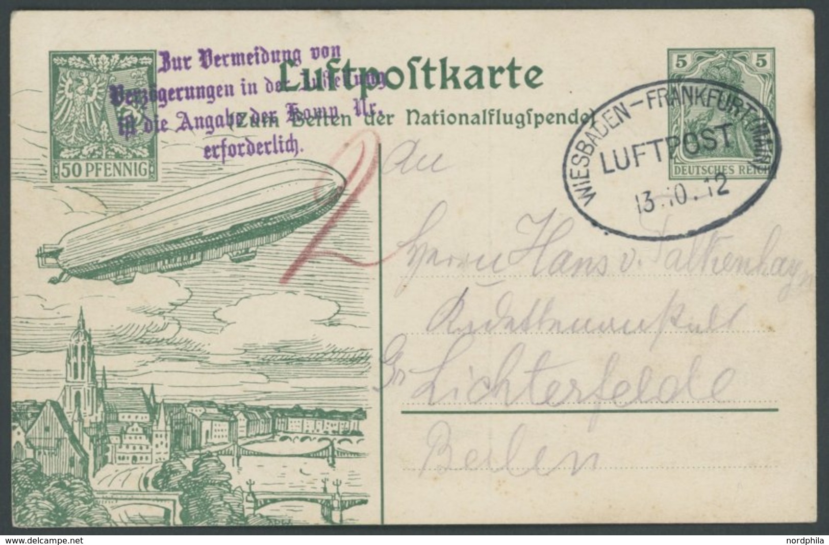 ZEPPELINPOST 16Ad BRIEF, 1912, Frankfurt-Wiesbaden, Auf Nationalflugspendenkarte An Die Kadettenanstalt Gr. Lichterfelde - Poste Aérienne & Zeppelin