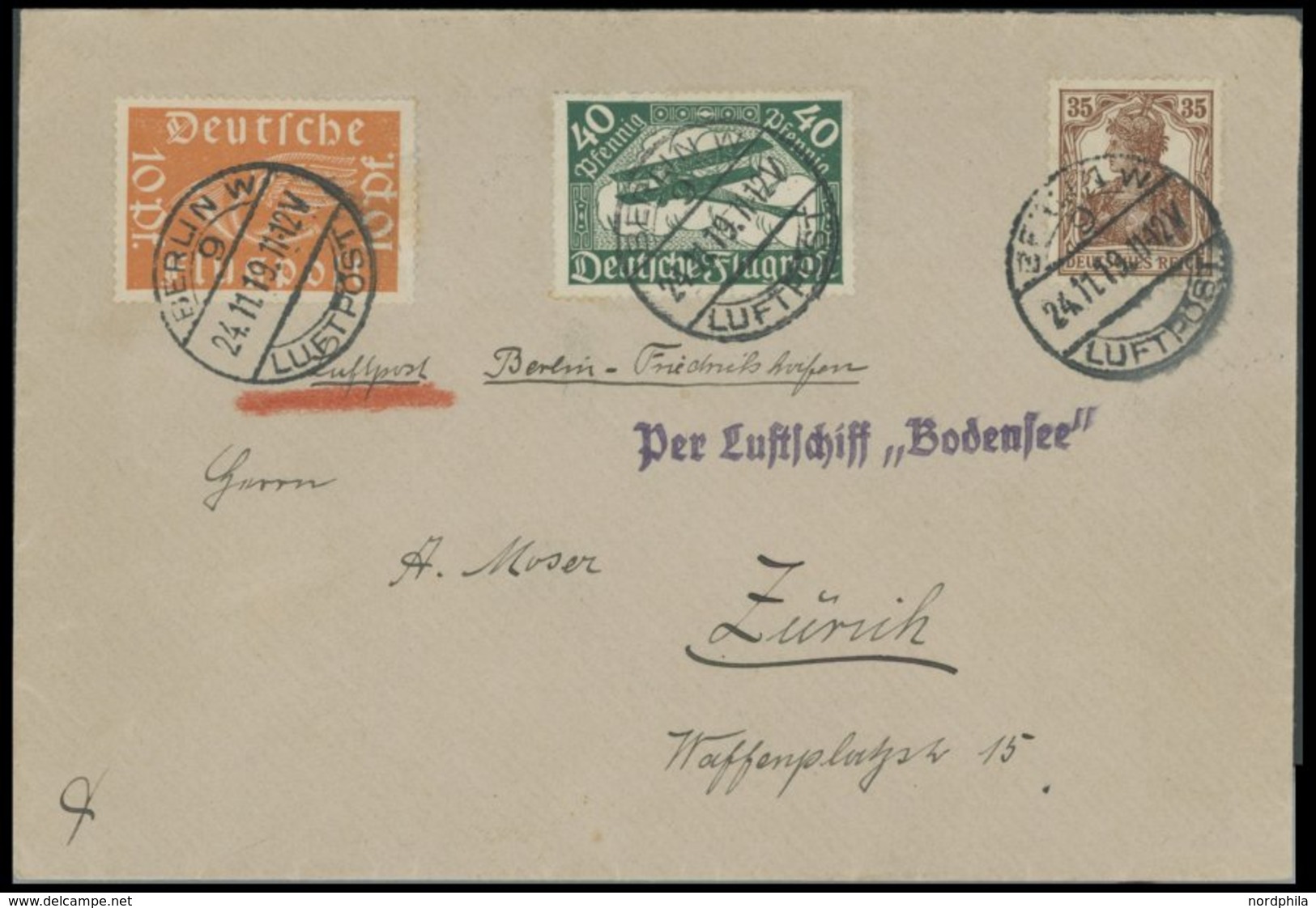 ZEPPELINPOST 19H BRIEF, 1919, Luftschiff Bodensee, Poststempel Berlin Luftpost, Mit Privatem K1 Per Luftschiff Bodensee  - Poste Aérienne & Zeppelin