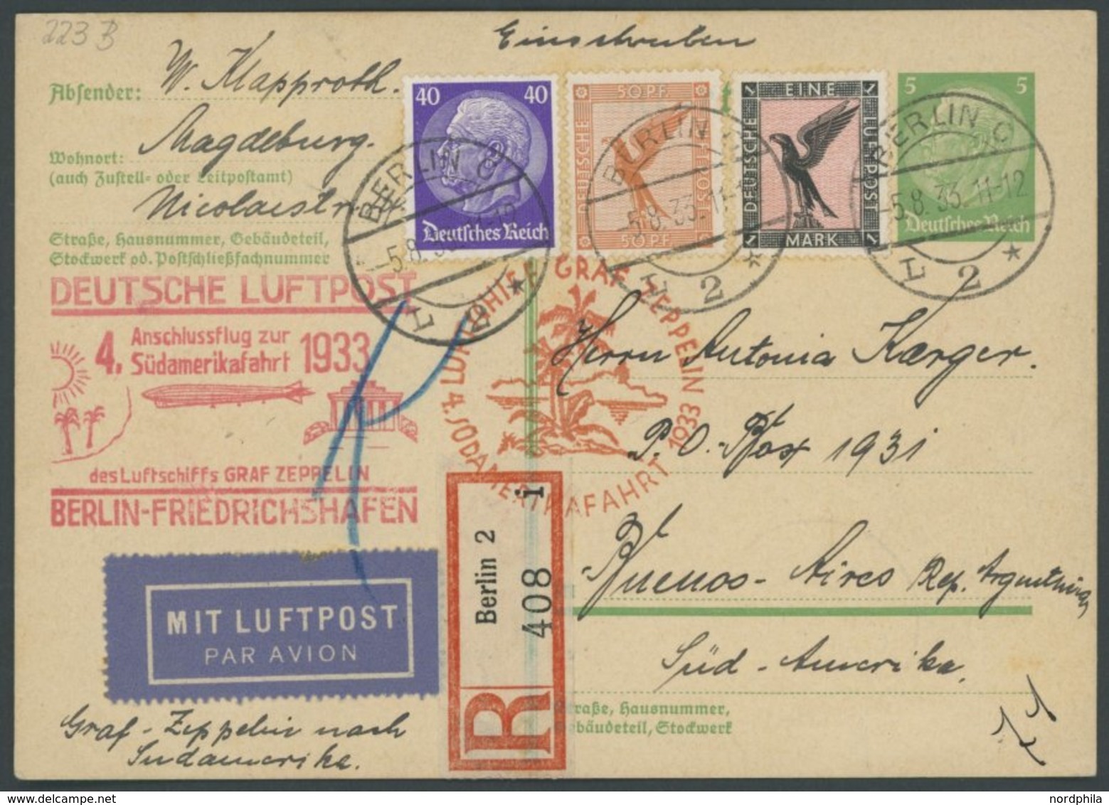 ZEPPELINPOST 23B BRIEF, 1933, 4. Südamerikafahrt, Anschlußflug Ab Berlin, Einschreibkarte, Pracht - Poste Aérienne & Zeppelin