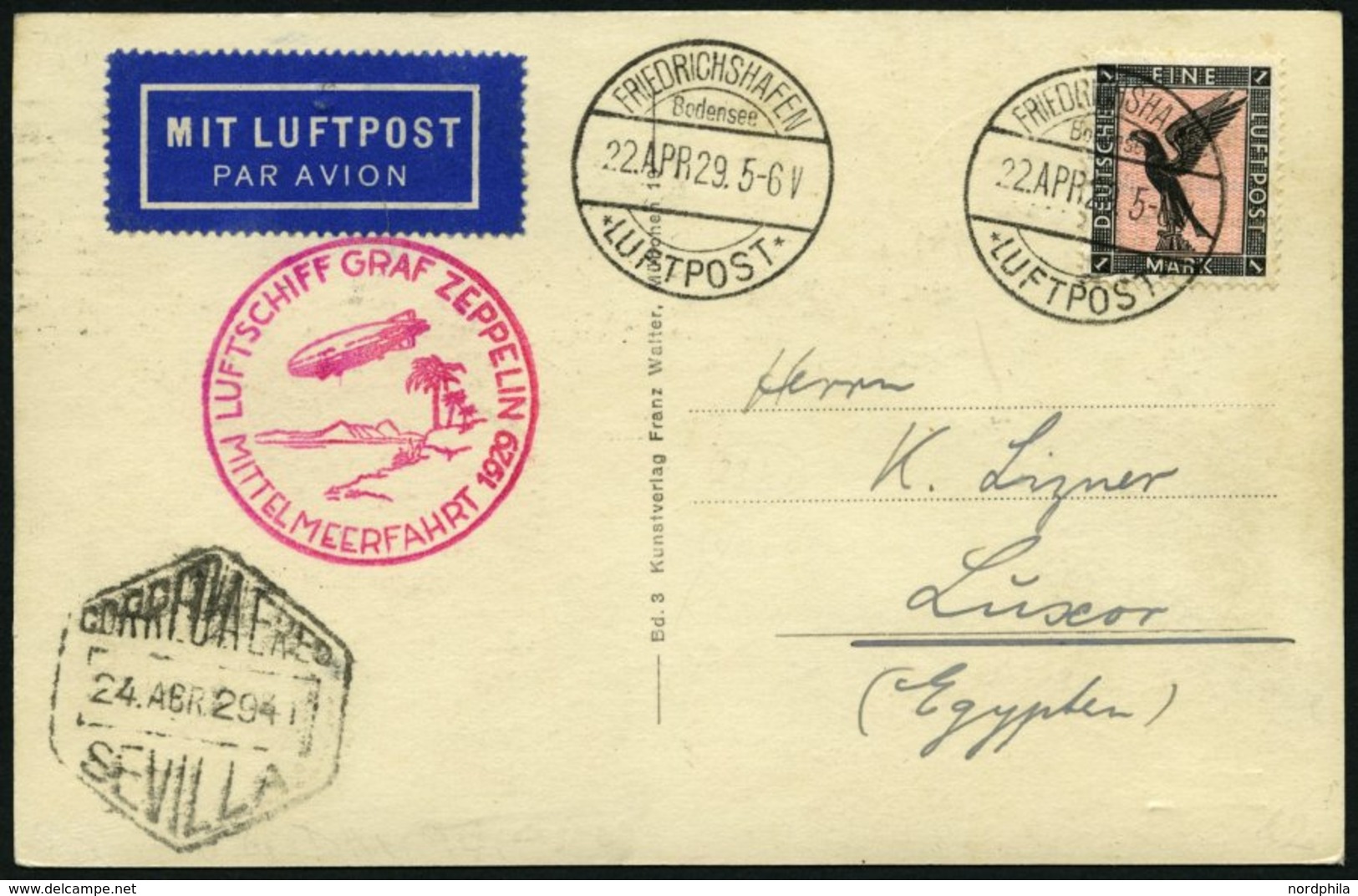 ZEPPELINPOST 24A BRIEF, 1929, Mittelmeerfahrt, Poststempel Fr`hafen, Prachtkarte - Airmail & Zeppelin