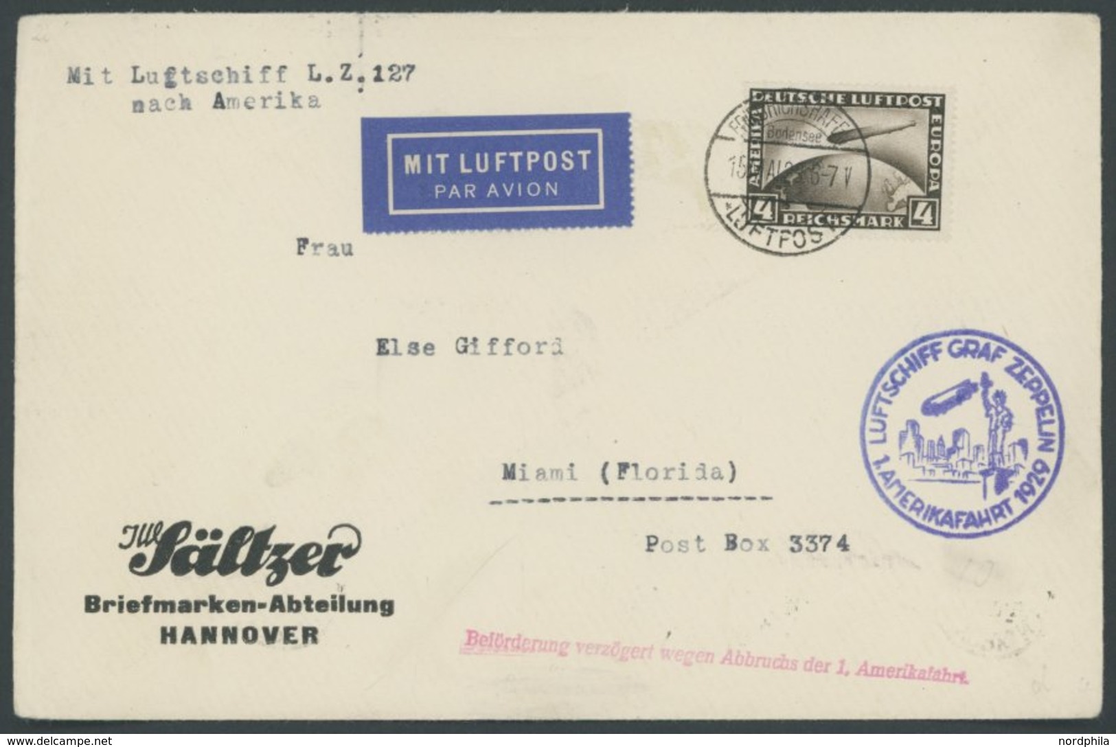 ZEPPELINPOST 26A BRIEF, 1929, Amerikafahrt, Auflieferung Friedrichshafen, Frankiert Mit 4 RM, Verzögerungsstempel In Kur - Airmail & Zeppelin