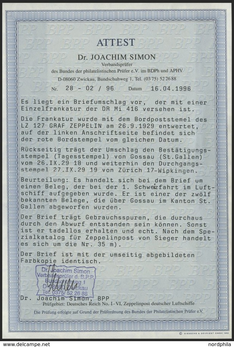 ZEPPELINPOST 35m BRIEF, 1929, 1. Schweizfahrt, Abwurf GOSSAU, Wohl Durch Abwurf Bedingte Gebrauchsspuren, Prachtbrief, N - Poste Aérienne & Zeppelin