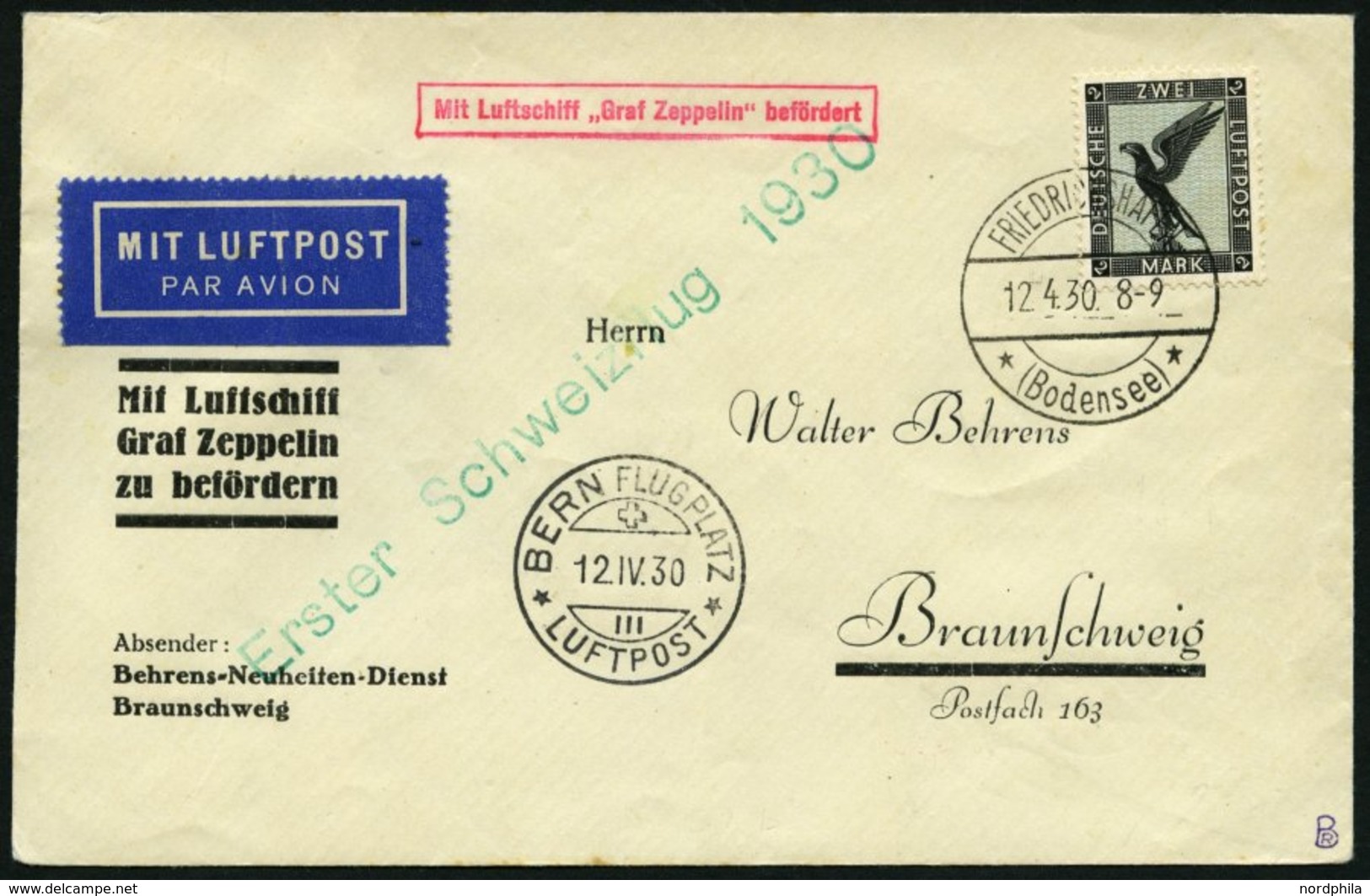 ZEPPELINPOST 51A BRIEF, 1930, Schweizfahrt, Fr`hafen-Bern, Mit Einzelfrankatur Mi.Nr. 383, Prachtbrief - Poste Aérienne & Zeppelin