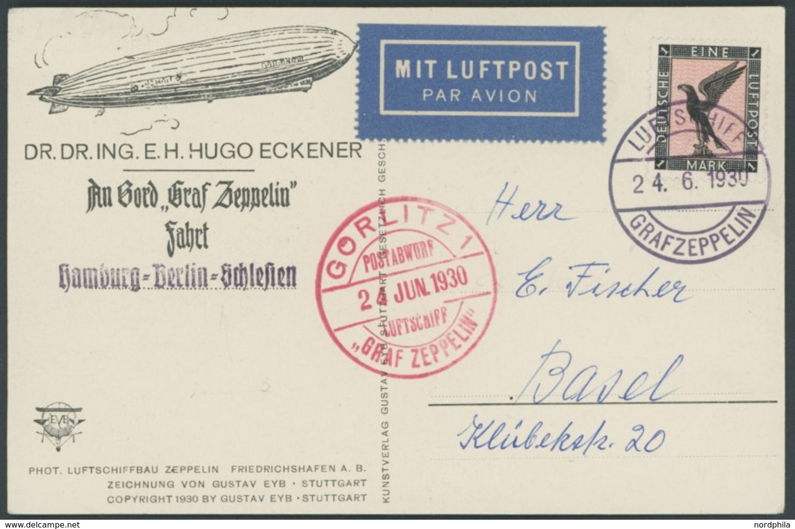 ZEPPELINPOST 69Bb BRIEF, 1930, Schlesienrundfahrt, Abwurf Görlitz, Bordpost, Frankiert Mit 1 RM, Prachtkarte Nach Basel - Luft- Und Zeppelinpost