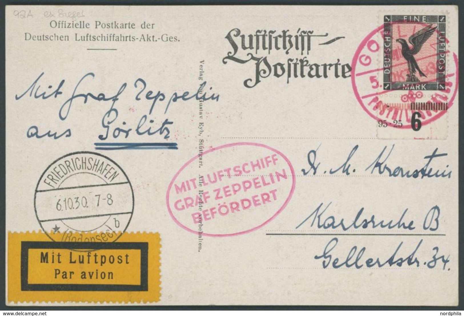 ZEPPELINPOST 92A BRIEF, 1930, Görlitz-Friedrichshafen, Prachtkarte - Poste Aérienne & Zeppelin