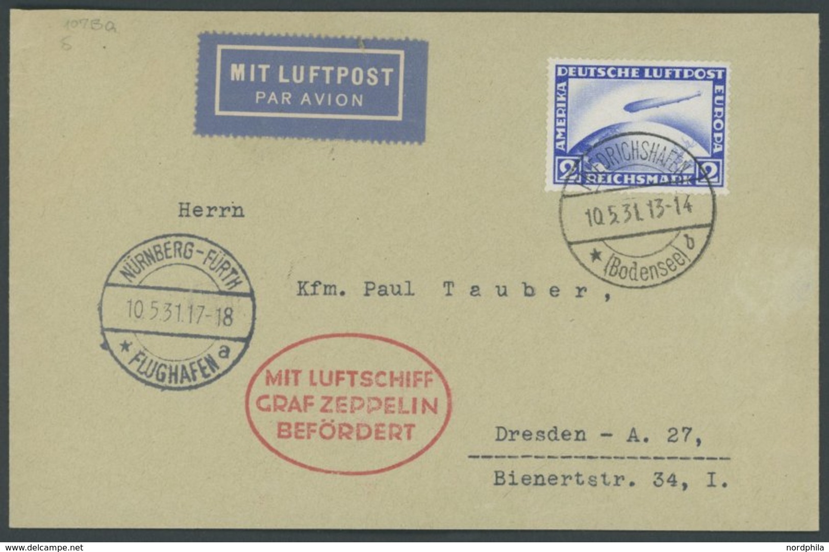 ZEPPELINPOST 107Ba BRIEF, 1931, Fahrt Nach Nürnberg, Auflieferung Friedrichshafen, Frankiert Mit 2 RM Südamerikafahrt, P - Airmail & Zeppelin