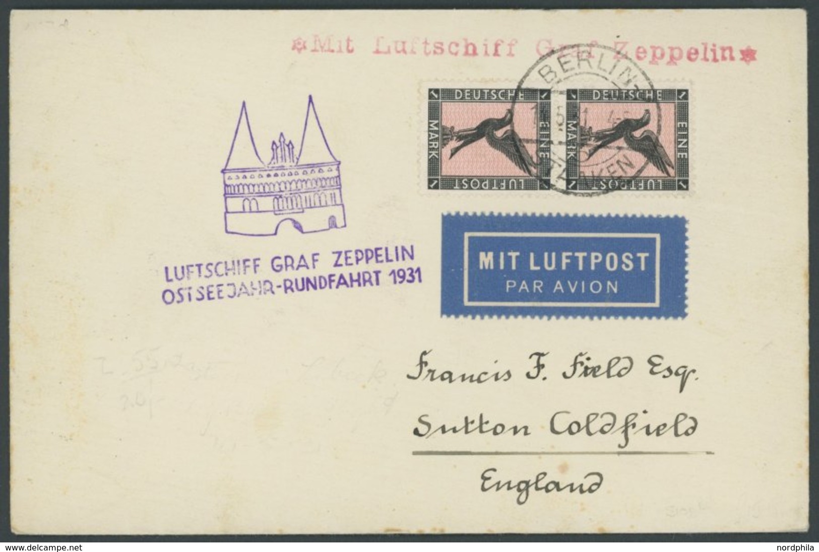 ZEPPELINPOST 108Bd BRIEF, 1931, Ostseejahr-Rundfahrt, Berlin-Lübeck, Frankiert Mit 1 M. Im Senkrechten Paar, Prachtbrief - Airmail & Zeppelin