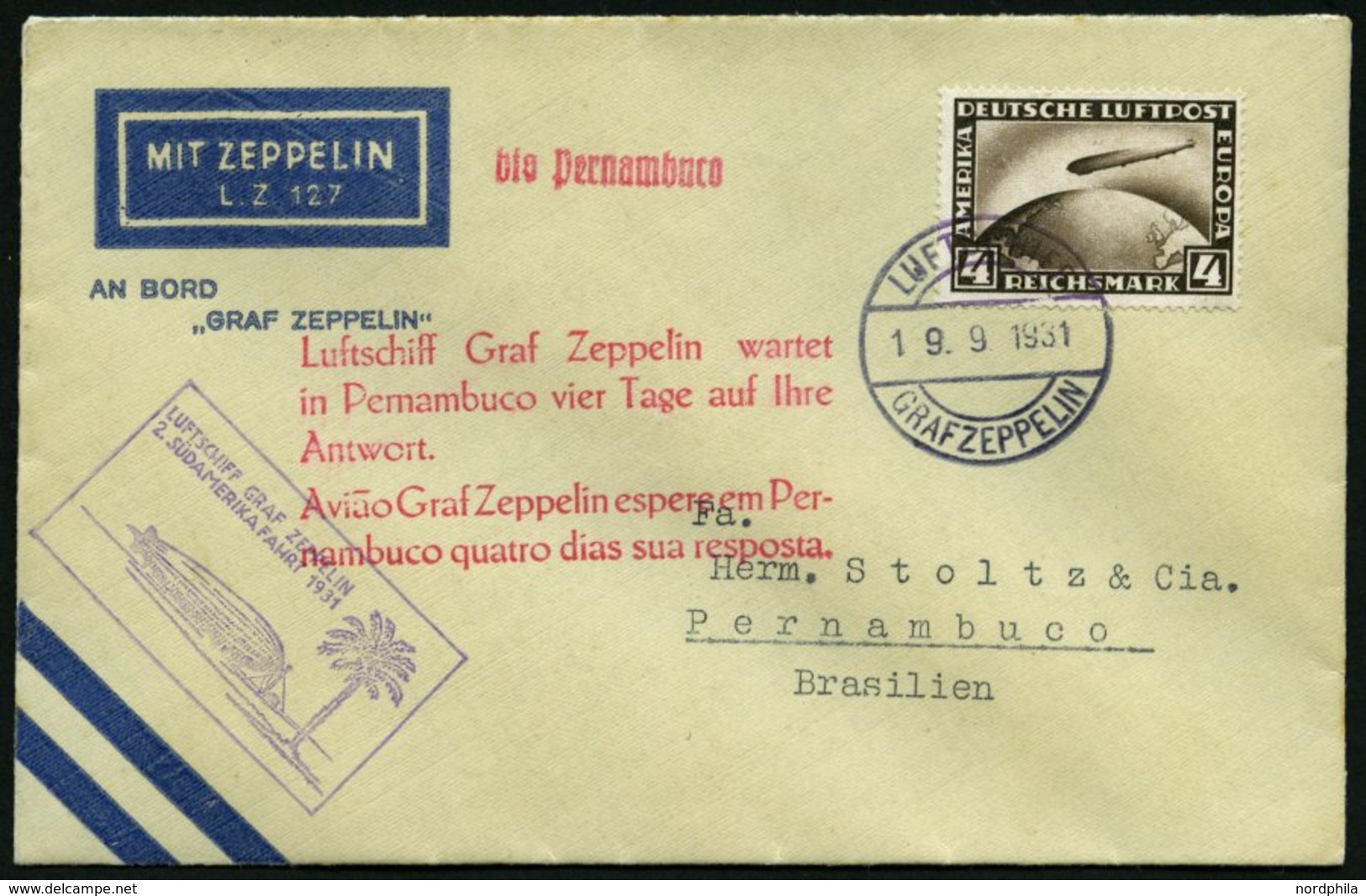 ZEPPELINPOST 129Bb BRIEF, 1931, 2. Südamerikafahrt, Bordpost Bis Brasilien, Prachtbrief - Poste Aérienne & Zeppelin