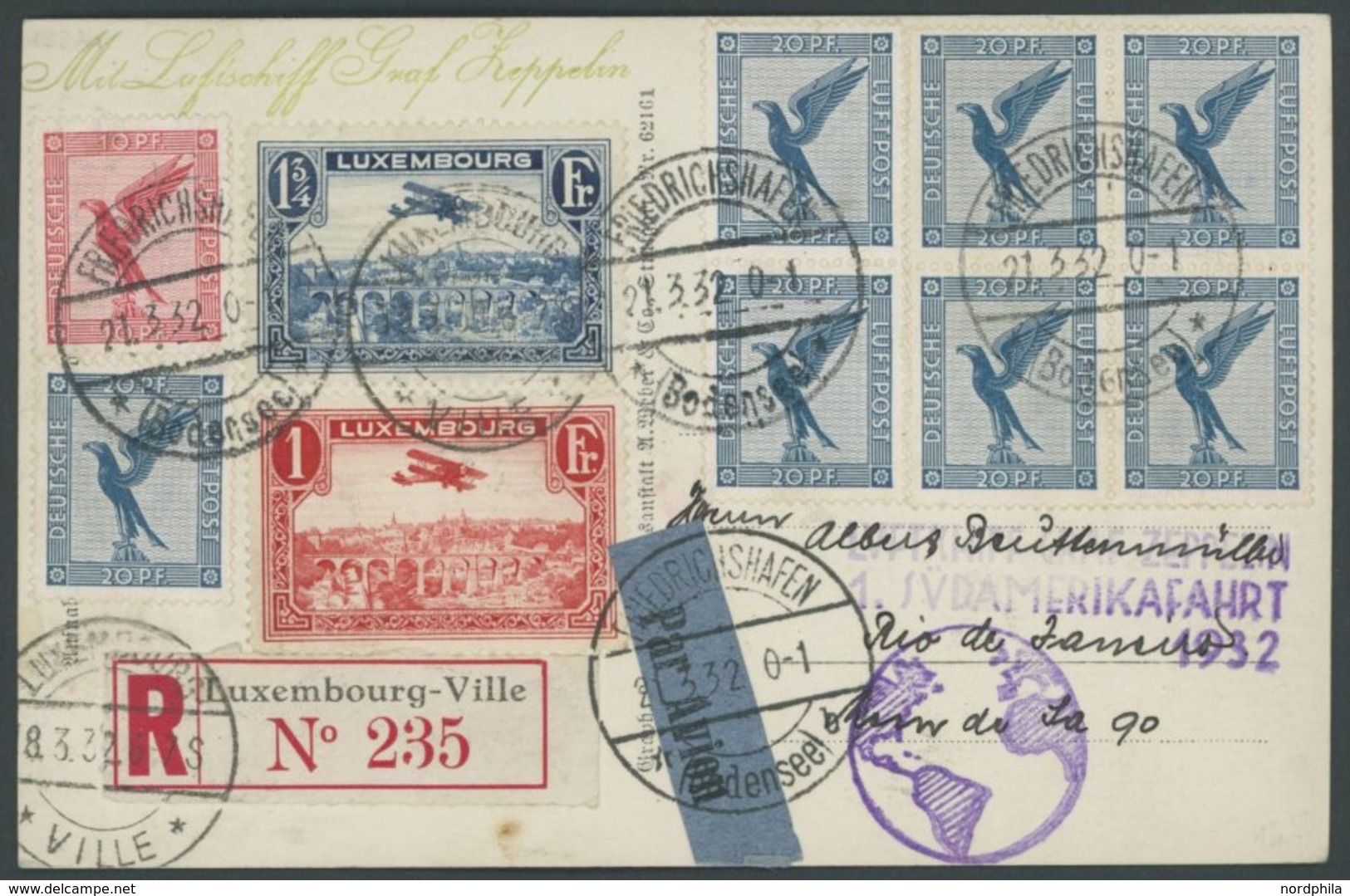 ZEPPELINPOST 138Aa BRIEF, 1932, 1. Südamerikafahrt, Auflieferung Friedrichshafen, Deutsch-luxemburgische Frankatur, Eins - Airmail & Zeppelin