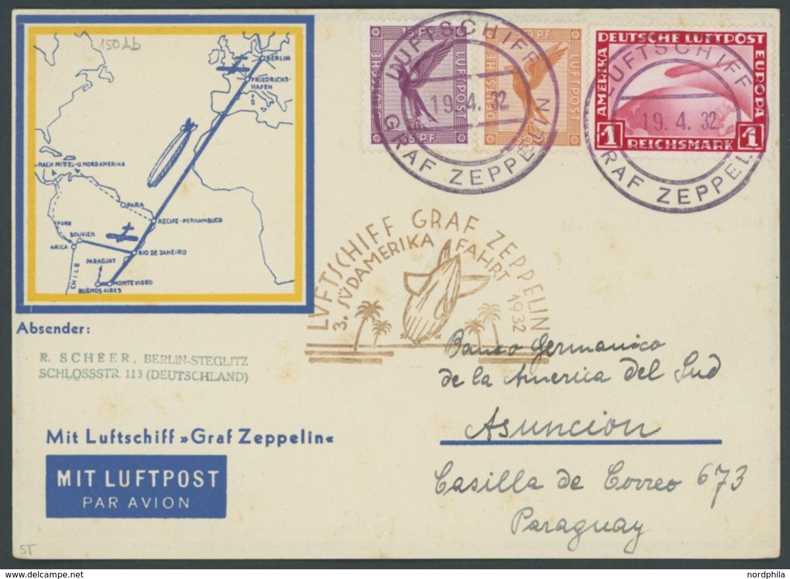 ZEPPELINPOST 150Ab BRIEF, 1932, 3. Südamerikafahrt, Bordpost, Anschlußflug Ab Berlin, Frankiert U.a. Mit Mi.Nr. 455, Pra - Airmail & Zeppelin