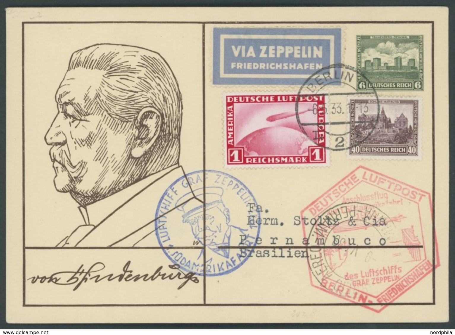 ZEPPELINPOST 202Ba BRIEF, 1933, 1. Südamerikafahrt, Anschlußflug Ab Berlin, Frankiert U.a. Mit Mi.Nr. 455, Minimaler Bug - Airmail & Zeppelin
