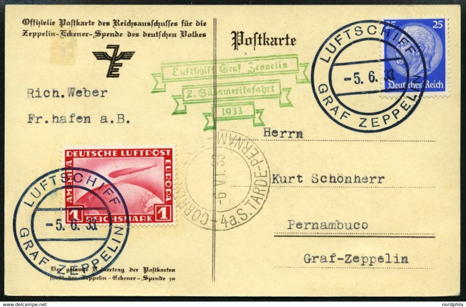 ZEPPELINPOST 214Ab BRIEF, 1933, 2. Südamerikafahrt, Bordpost Hinfahrt, Prachtkarte - Poste Aérienne & Zeppelin