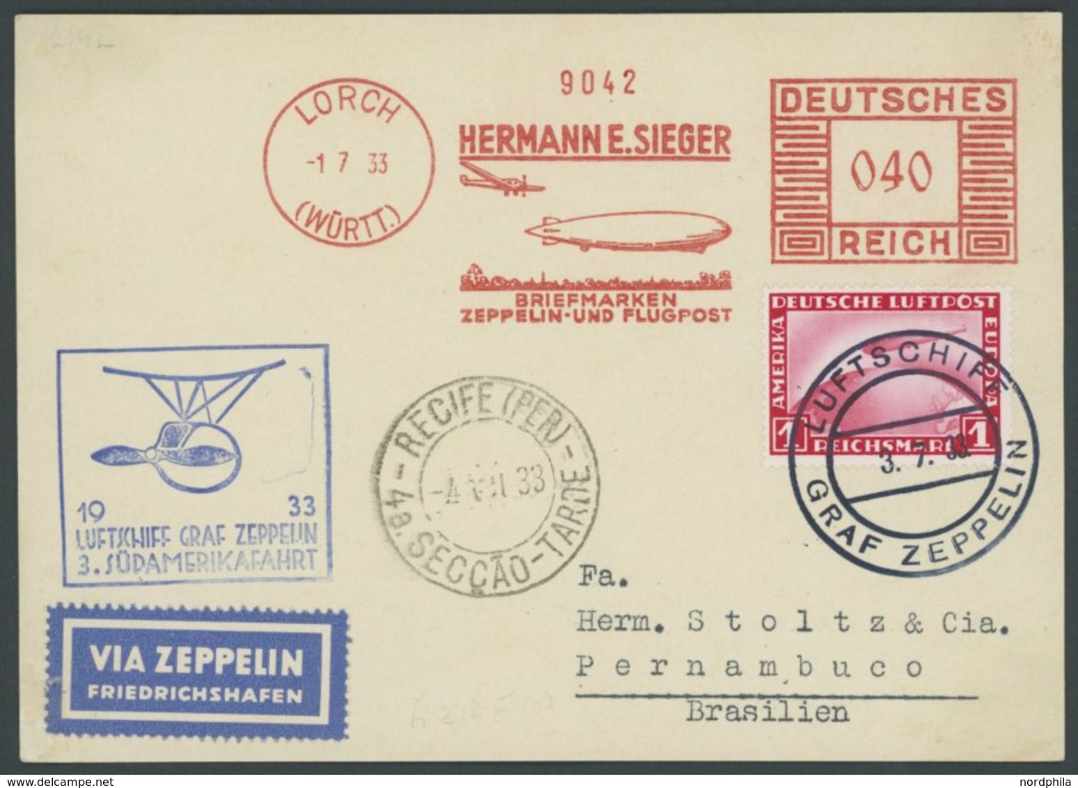 ZEPPELINPOST 219E BRIEF, 1933, 3. Südamerikafahrt, Bordpost Mit Freistempler Und Mi.Nr. 455, Prachtkarte - Poste Aérienne & Zeppelin