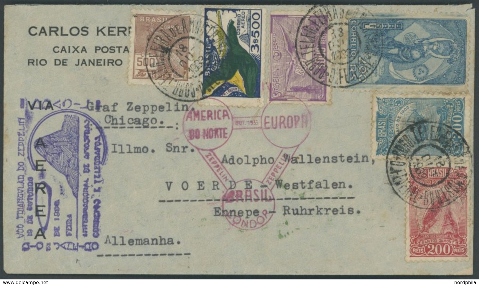 ZEPPELINPOST 239B,Eb BRIEF, 1933, Chicagofahrt, Brasilien-Europa, Mit Beiden Sonderbestätigungsstempeln, Brief Nach Voer - Airmail & Zeppelin