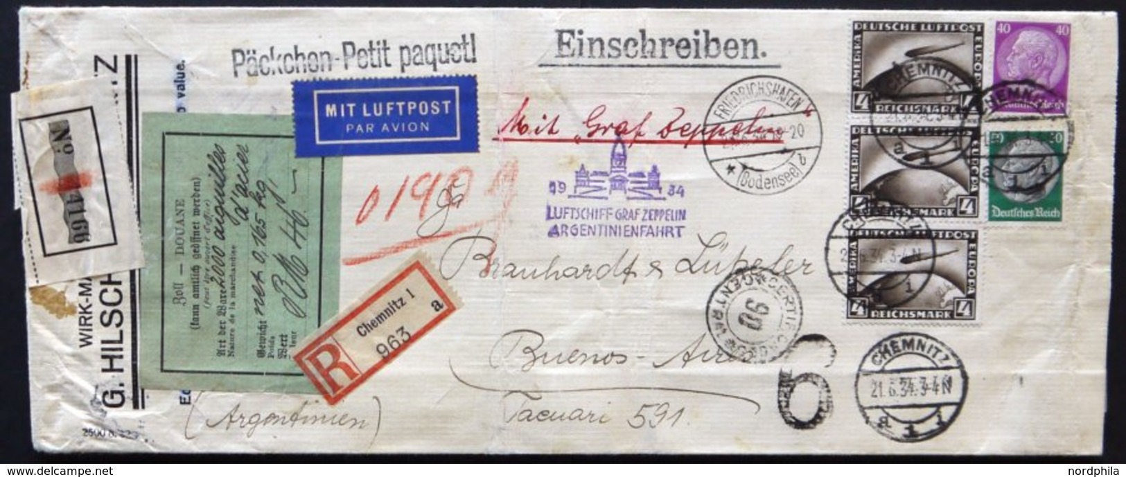 ZEPPELINPOST 254Ba BRIEF, 1934, Argentinienfahrt, Auflieferung Friedrichshafen, Warenprobenbeutel Als Einschreibpäckchen - Airmail & Zeppelin