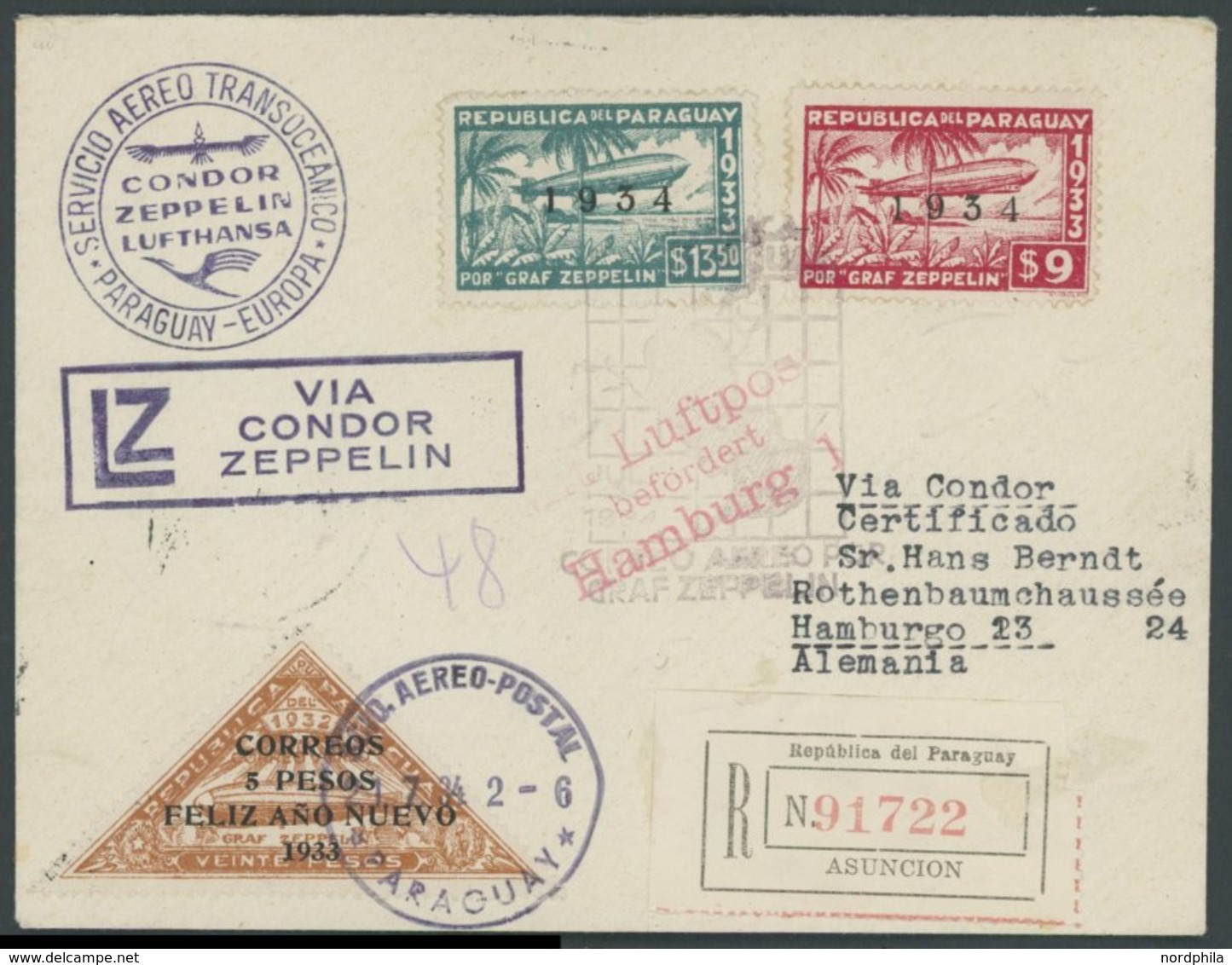 ZEPPELINPOST 264 BRIEF, 1934, 4. Südamerikafahrt, Parag. Post, Einschreibbrief, Pracht - Poste Aérienne & Zeppelin