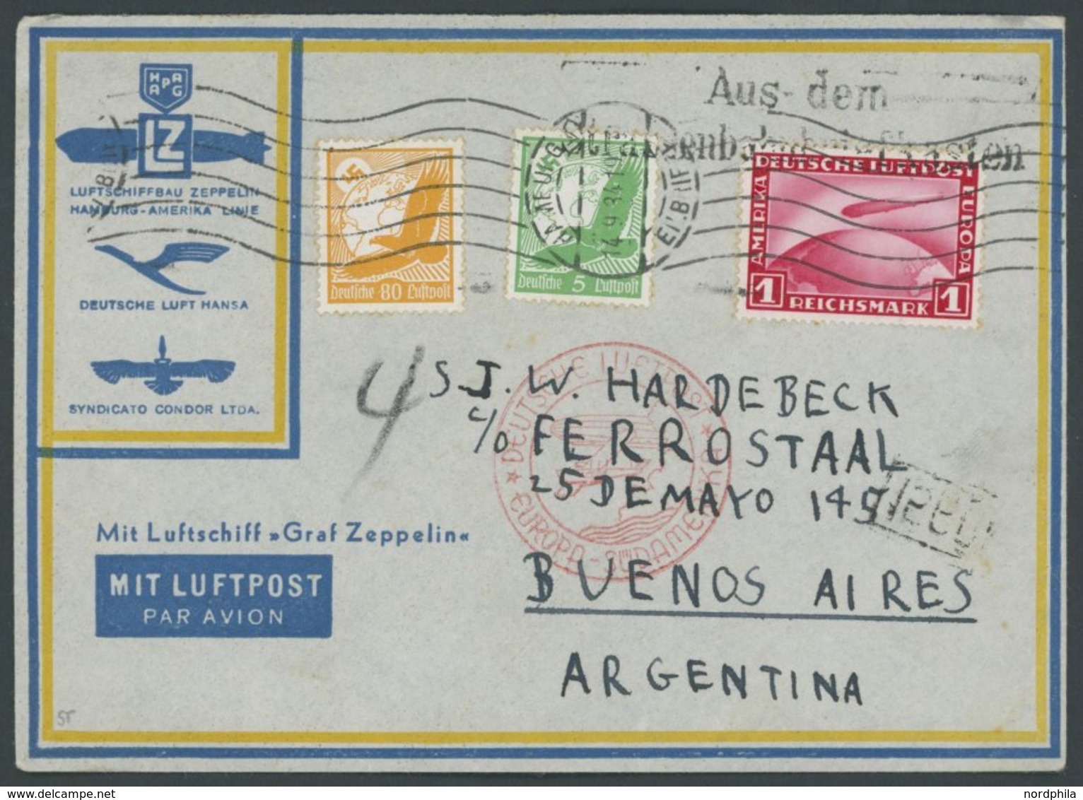 ZEPPELINPOST 271Ba BRIEF, 1934, 7. Südamerikafahrt, Anschlußflug Ab Stuttgart, Mit L2 Aus Dem Straßenbahnbriefkasten, Ei - Airmail & Zeppelin