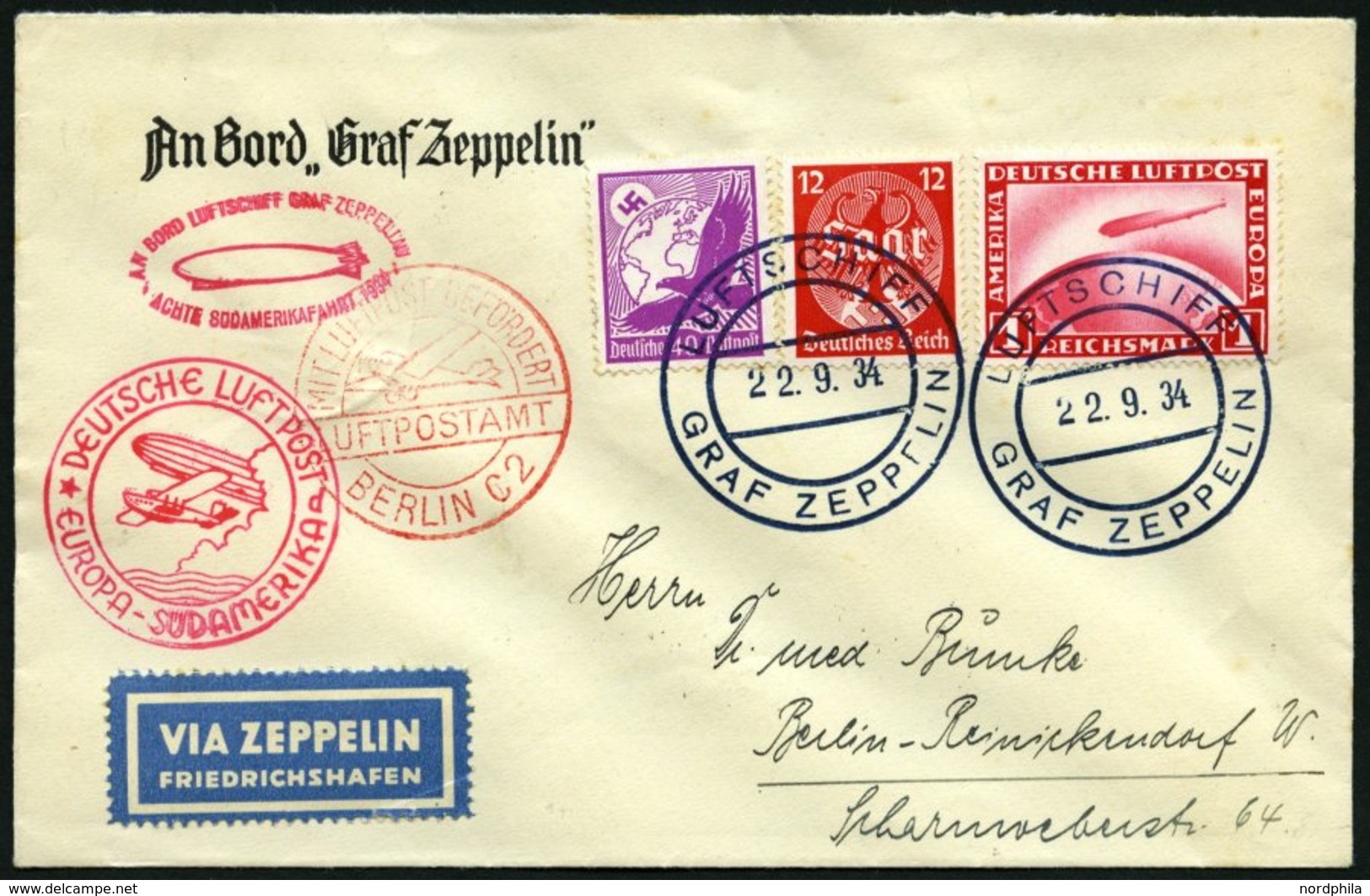 ZEPPELINPOST 274D BRIEF, 1934, 8. Südamerikafahrt, Bordpost Der Rückfahrt Und Bordstempel, Prachtbrief - Poste Aérienne & Zeppelin