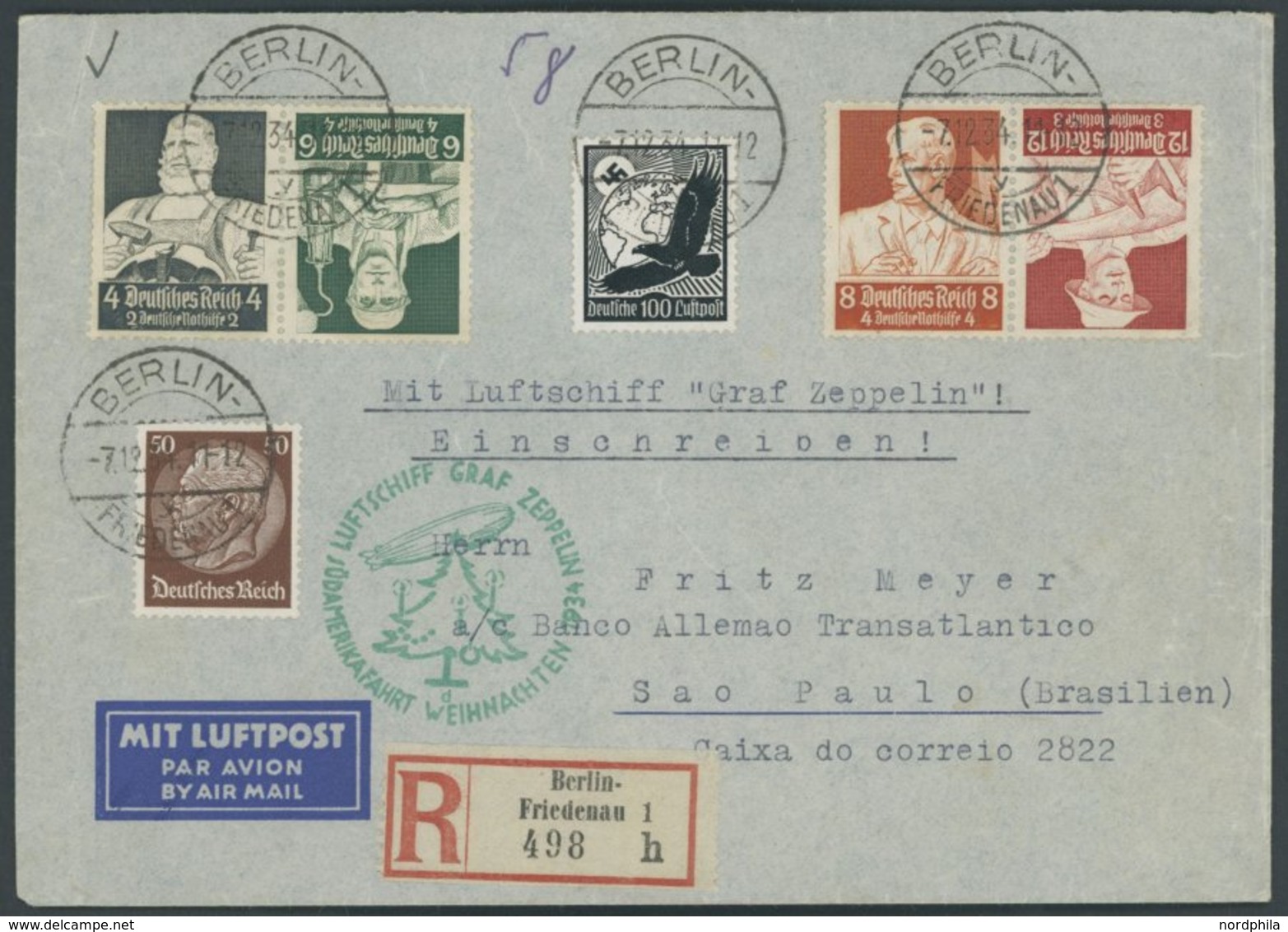 ZEPPELINPOST 286 BRIEF, 1934, Weihnachtsfahrt, Bordpost, Frankiert U.a. Mit Kehrdruckpaaren K 23/4, Einschreibbrief, Fei - Poste Aérienne & Zeppelin