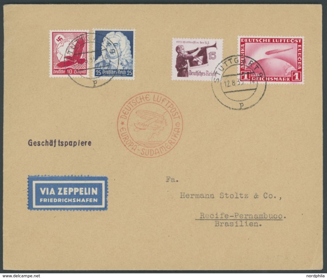 ZEPPELINPOST 315Be BRIEF, 1935, 10. Südamerikafahrt, Seltene Auflieferung Stuttgart, Stempel E, Geschäftsbrief Frankiert - Poste Aérienne & Zeppelin